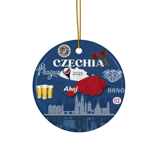 Decorative round ornament with Czechia-themed design on a white background
