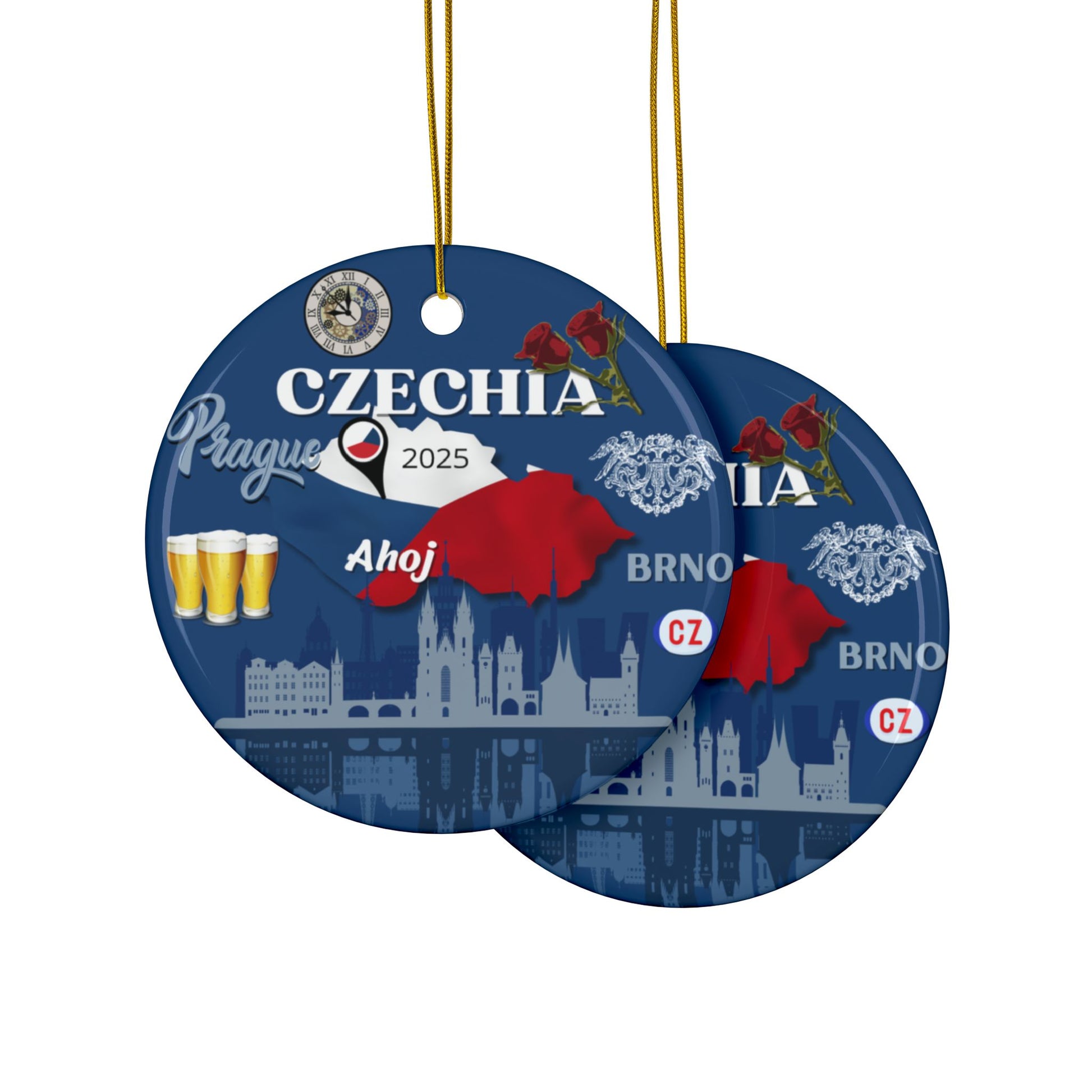 Two circular blue ornaments with Czechia-themed designs on a white background