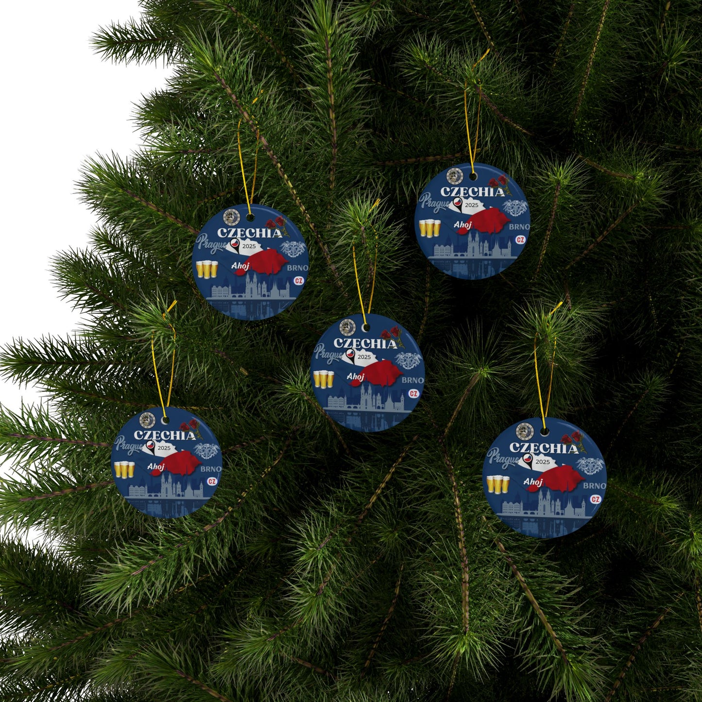 Decorative Christmas ornaments with Czechia design on a tree
