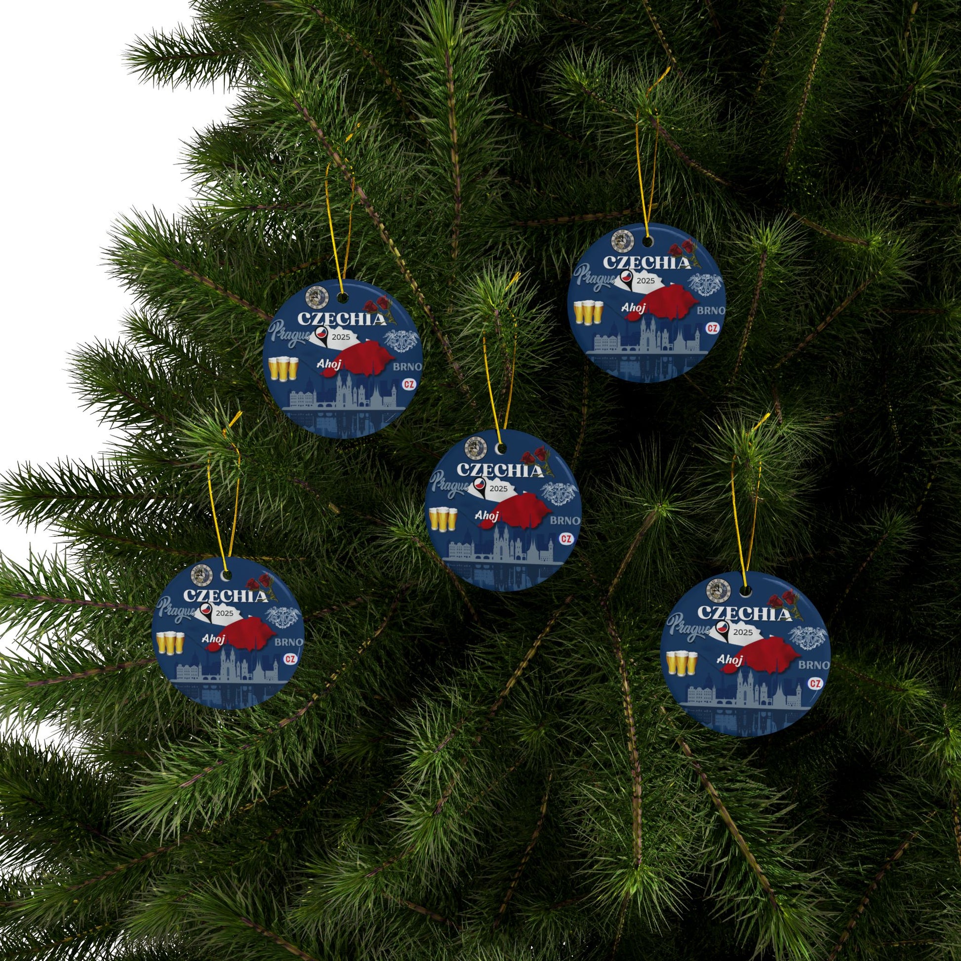 Decorative Christmas ornaments with Czechia design on a tree