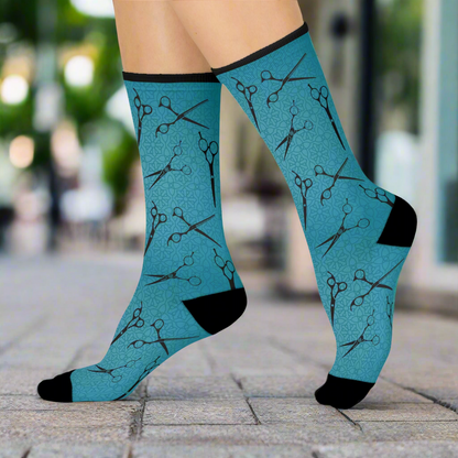 Hair Dresser Socks | Unisex One Size Mid-Calf Crew | Stretchy Comfortable | Vintage Scissors