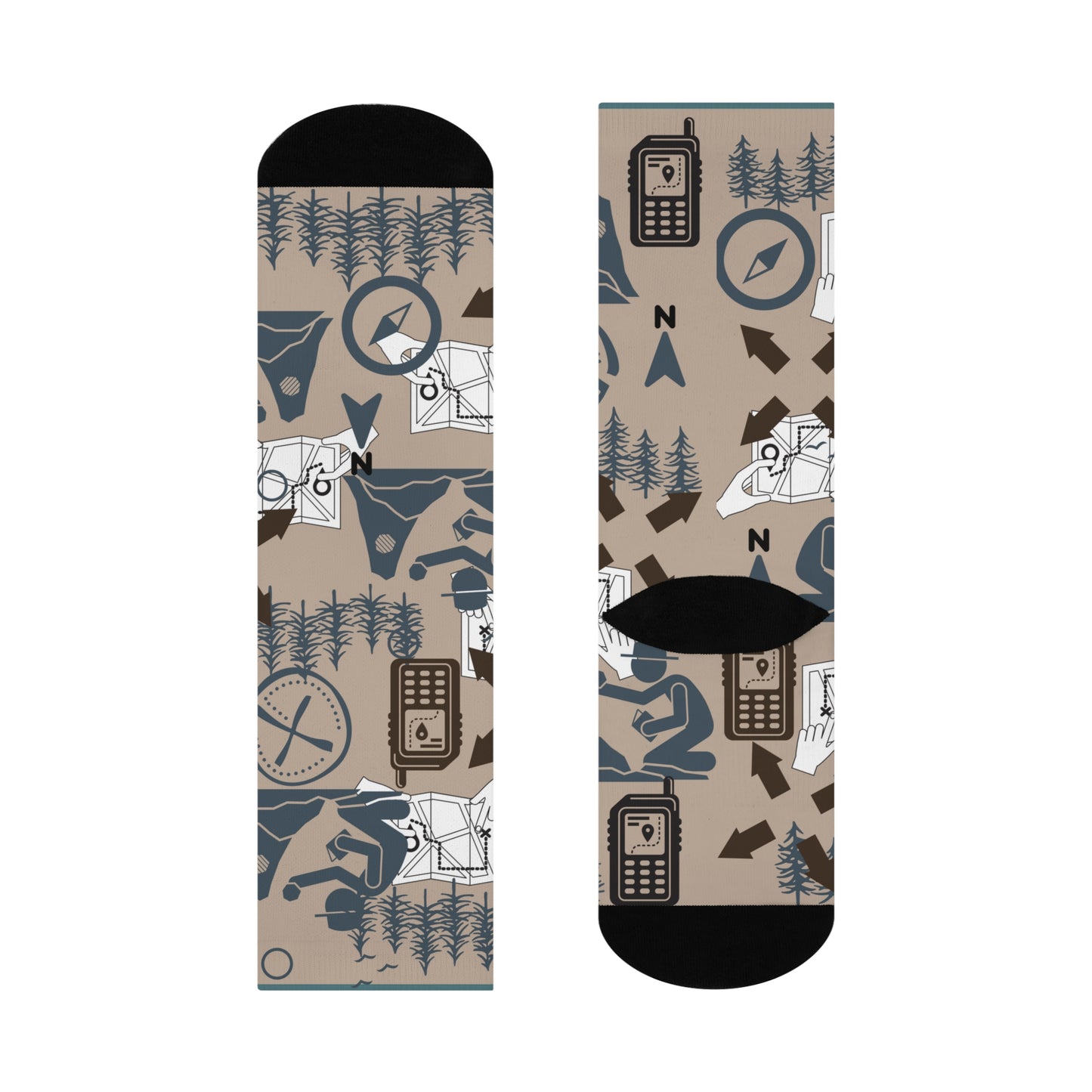 Geocaching Socks iconography caching gps, trees, compass, maps, arrows, geocachers