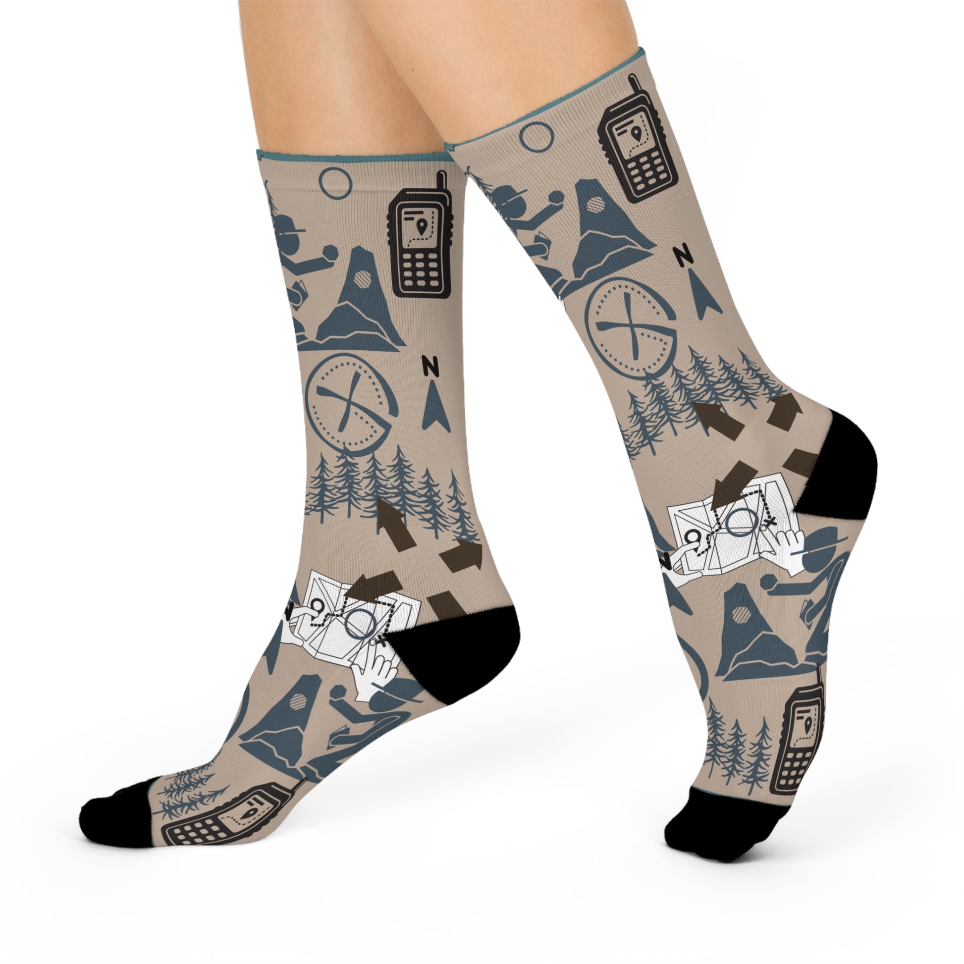 Geocaching Socks iconography caching gps, trees, compass, maps, arrows, geocachers