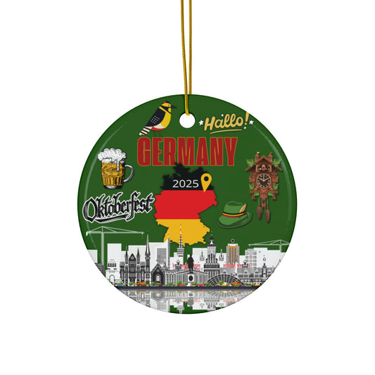 Circular ornament with German-themed designs including a beer mug, cuckoo clock, and cityscape on a green background.