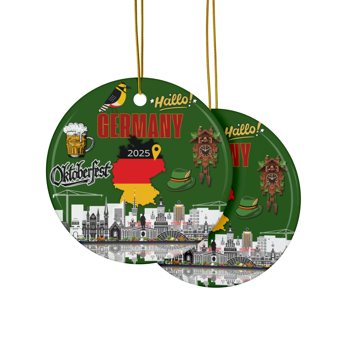 Two circular ornaments with German-themed designs on a white background