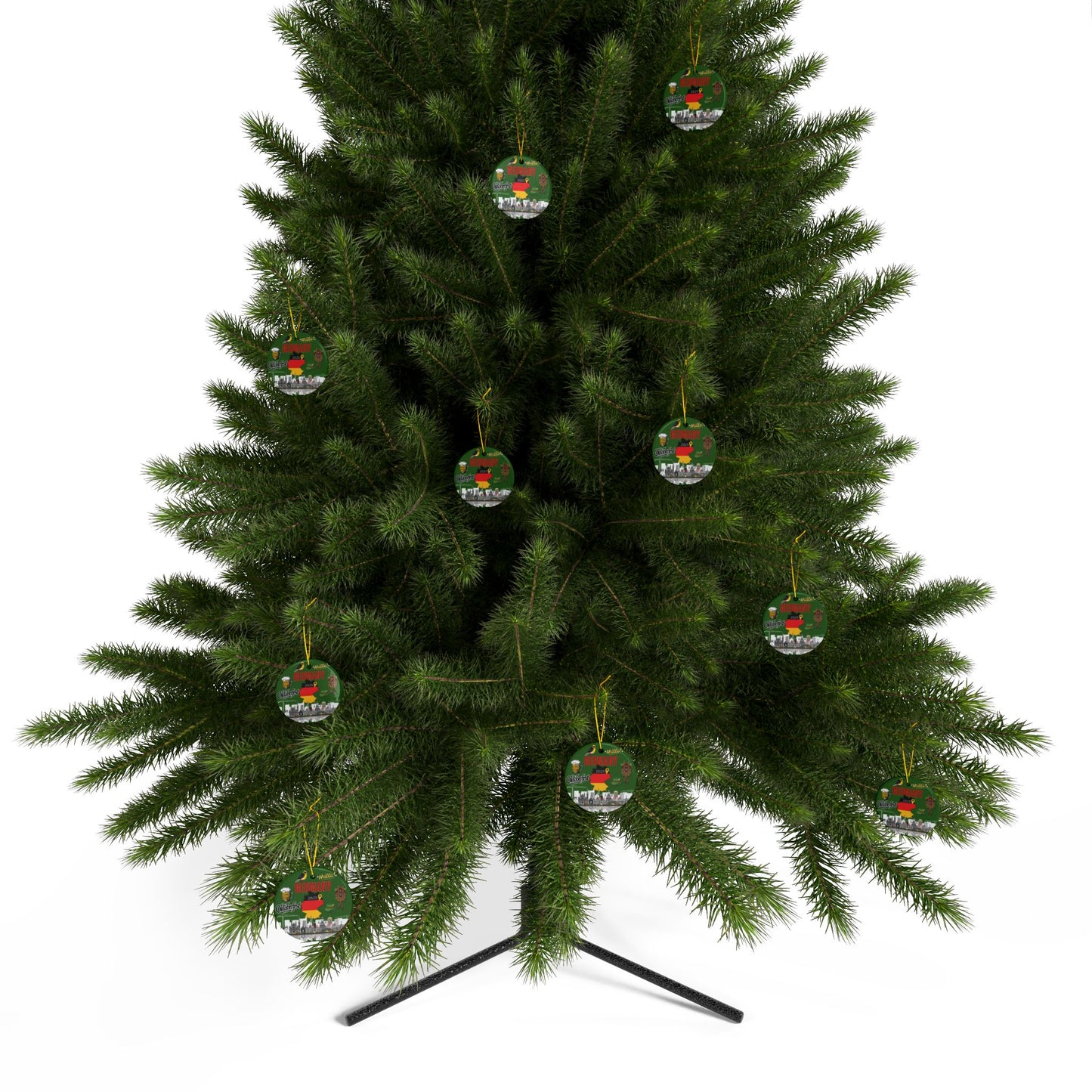 Green Christmas tree with decorative ornaments on a white background