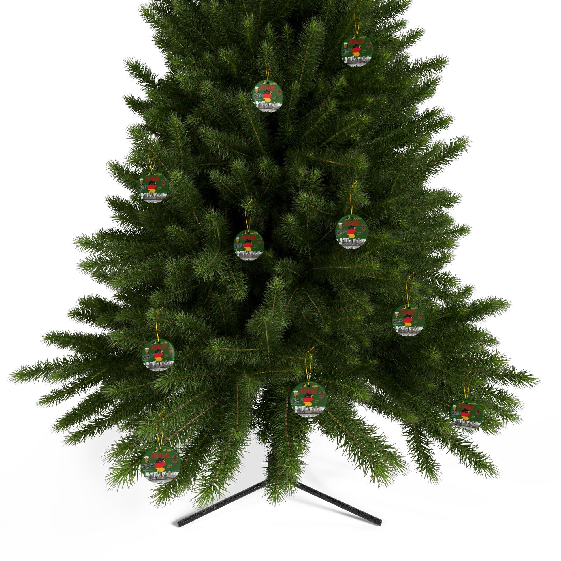 Green Christmas tree with decorative ornaments on a white background