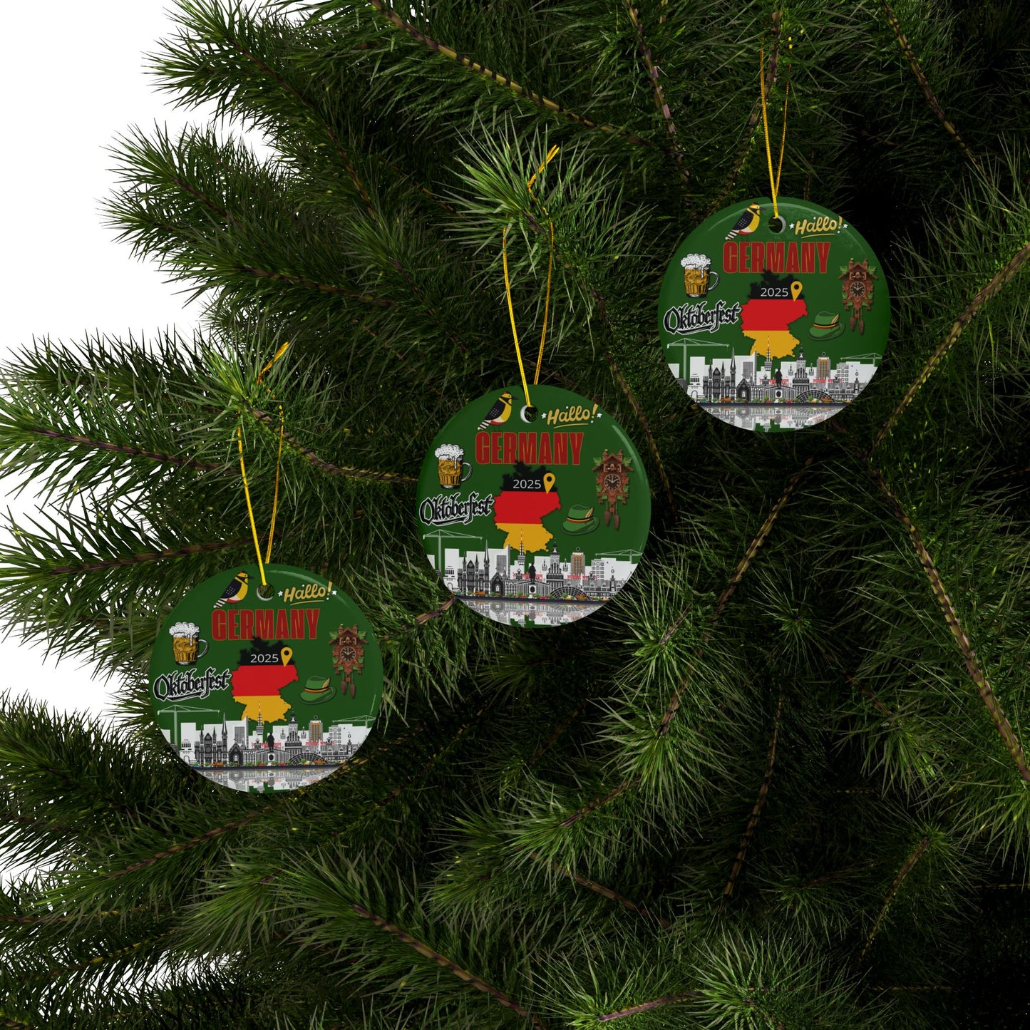Three circular Christmas ornaments with German-themed designs hanging on a tree.