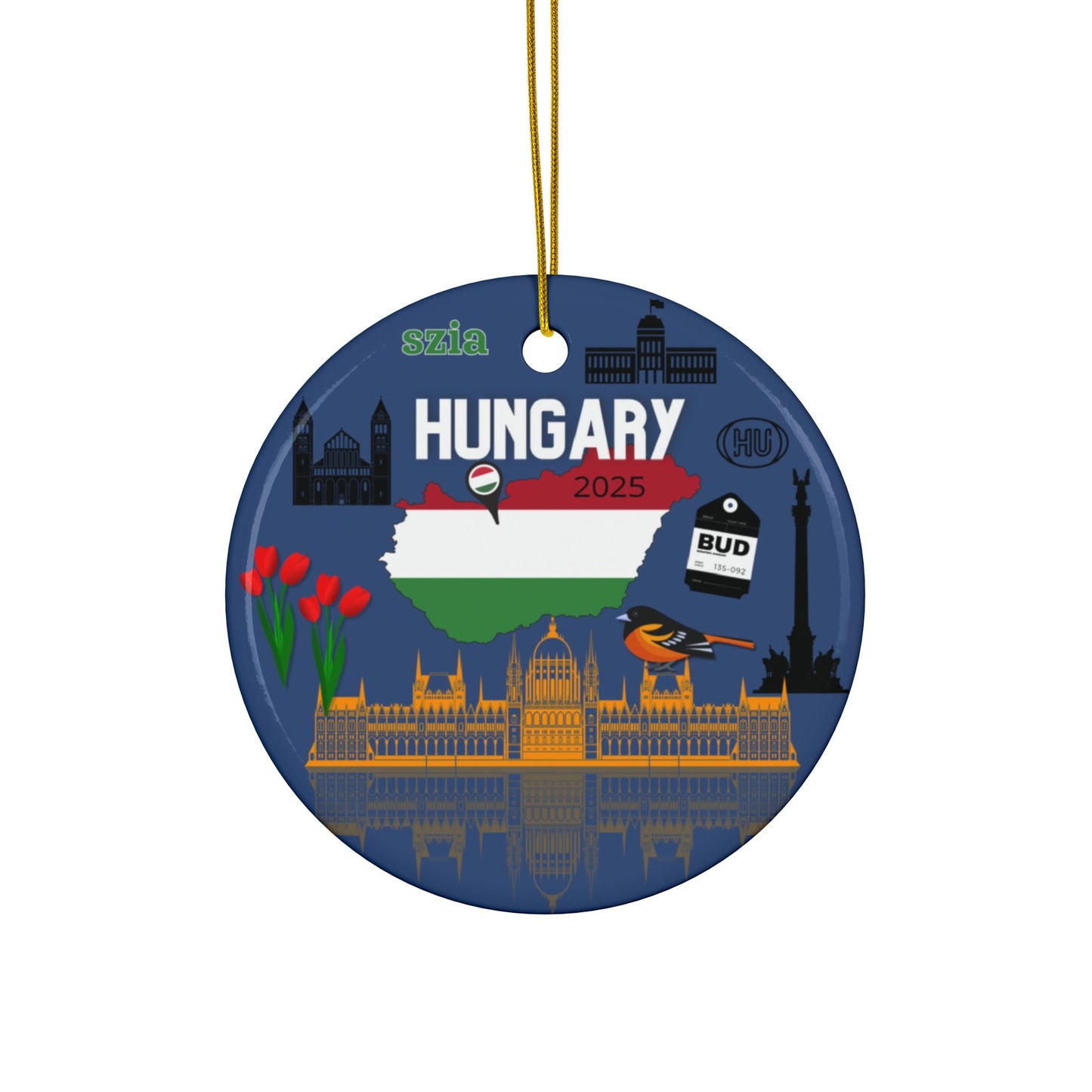 Decorative round ornament with Hungarian flag and landmarks on a blue background