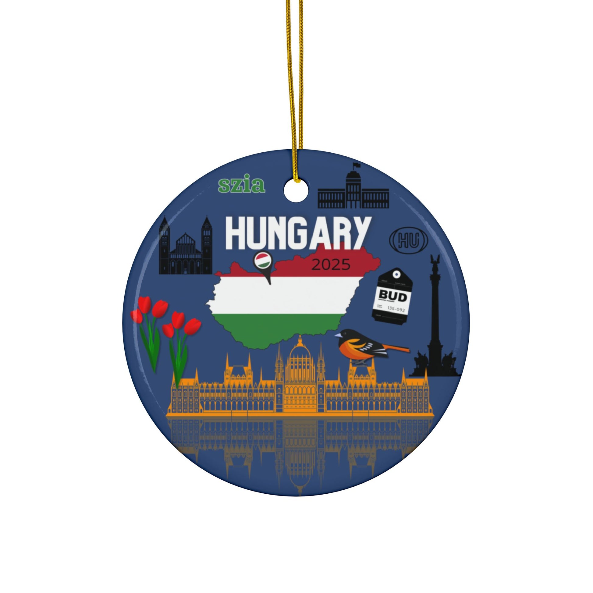 Decorative round ornament with Hungarian flag and landmarks on a blue background