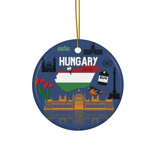 Decorative round ornament with Hungarian flag and landmarks on a blue background