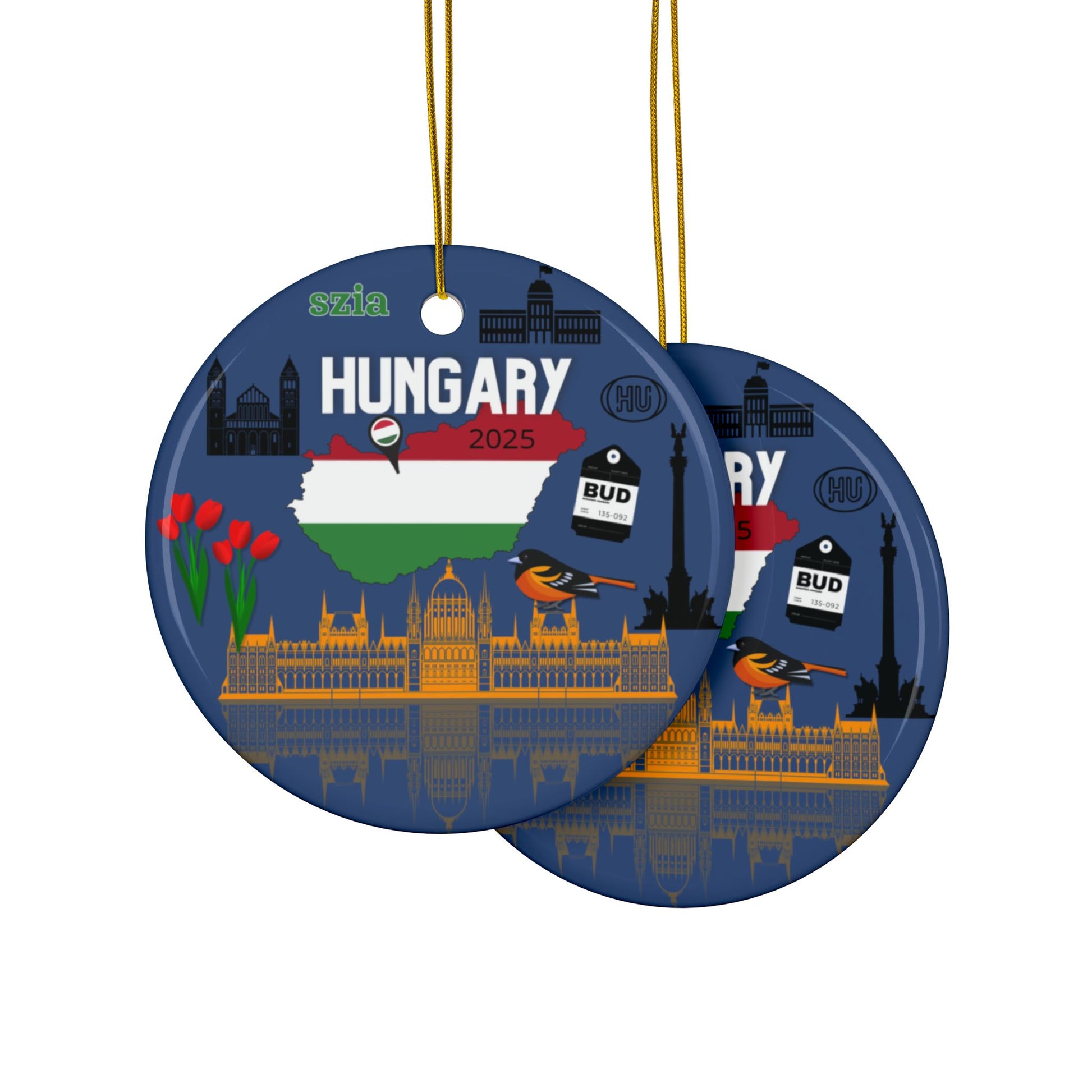 Two circular ornaments with Hungarian-themed designs on a white background