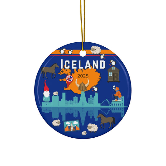 Decorative ornament with Iceland-themed design featuring maps, animals, and landmarks.