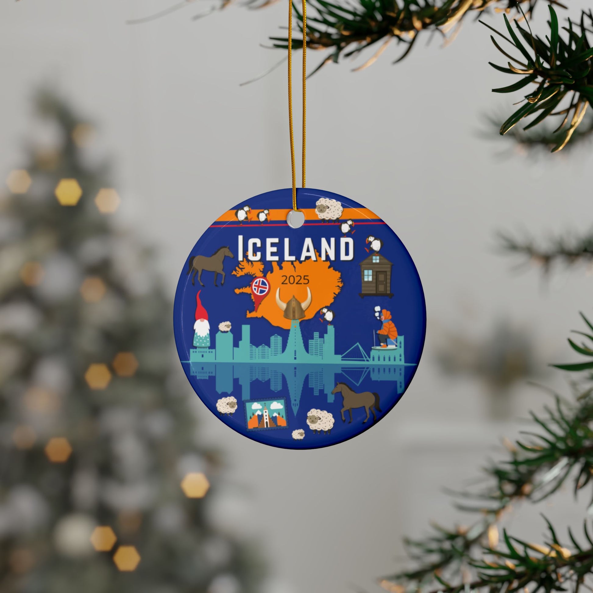 Decorative ornament with Iceland design hanging on a tree