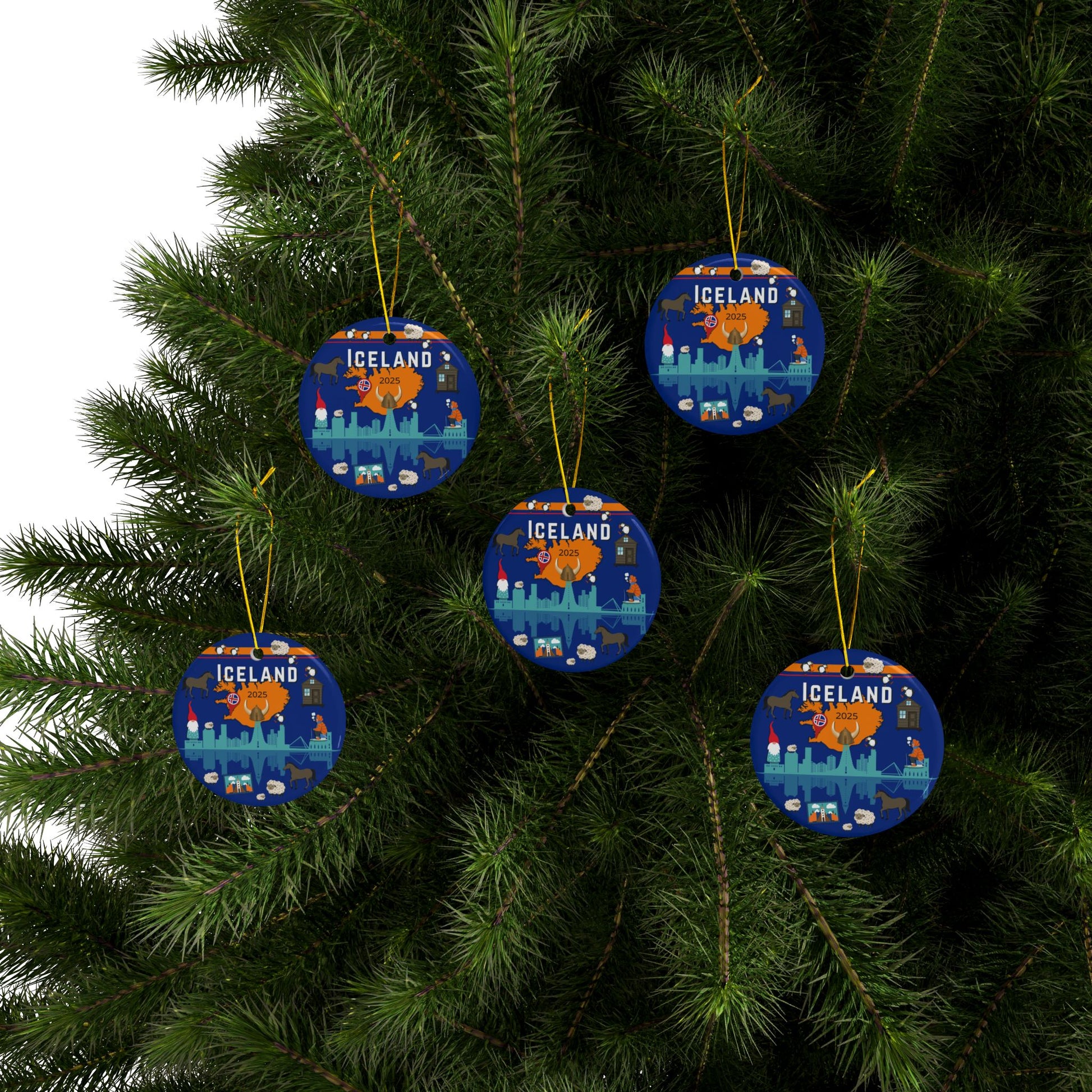 Decorative Christmas ornaments with Iceland-themed designs hanging on a tree.