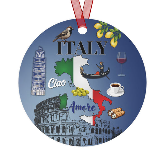 Decorative round ornament with Italian-themed illustrations on a blue background