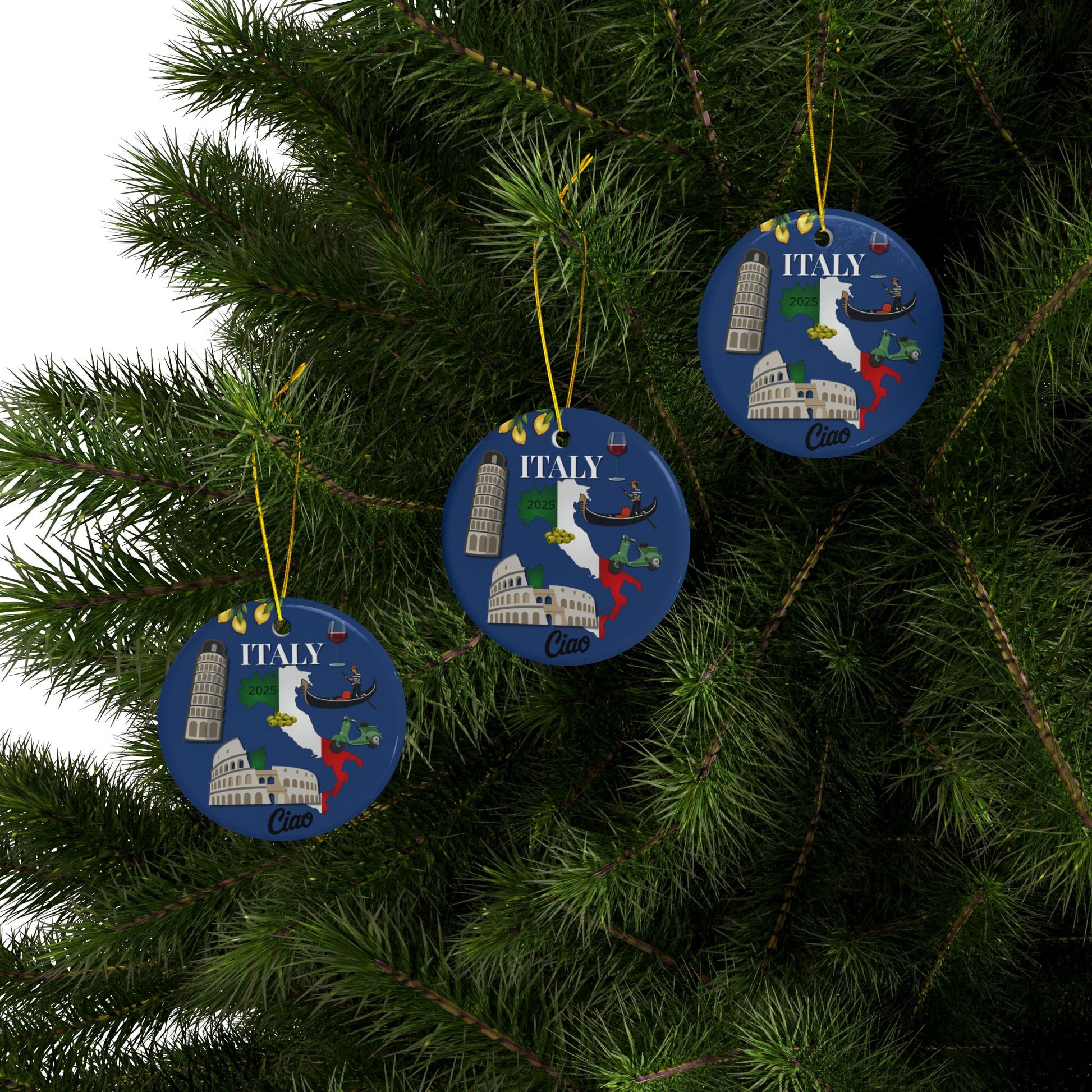 Three Christmas ornaments with Italian landmarks on a tree