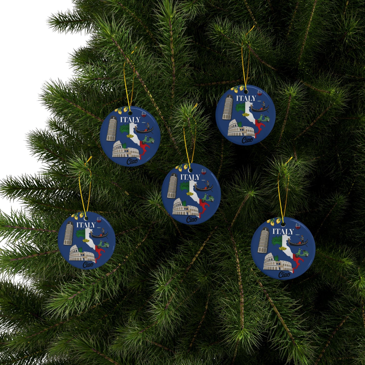 Decorative Christmas ornaments with Italian landmarks on a tree