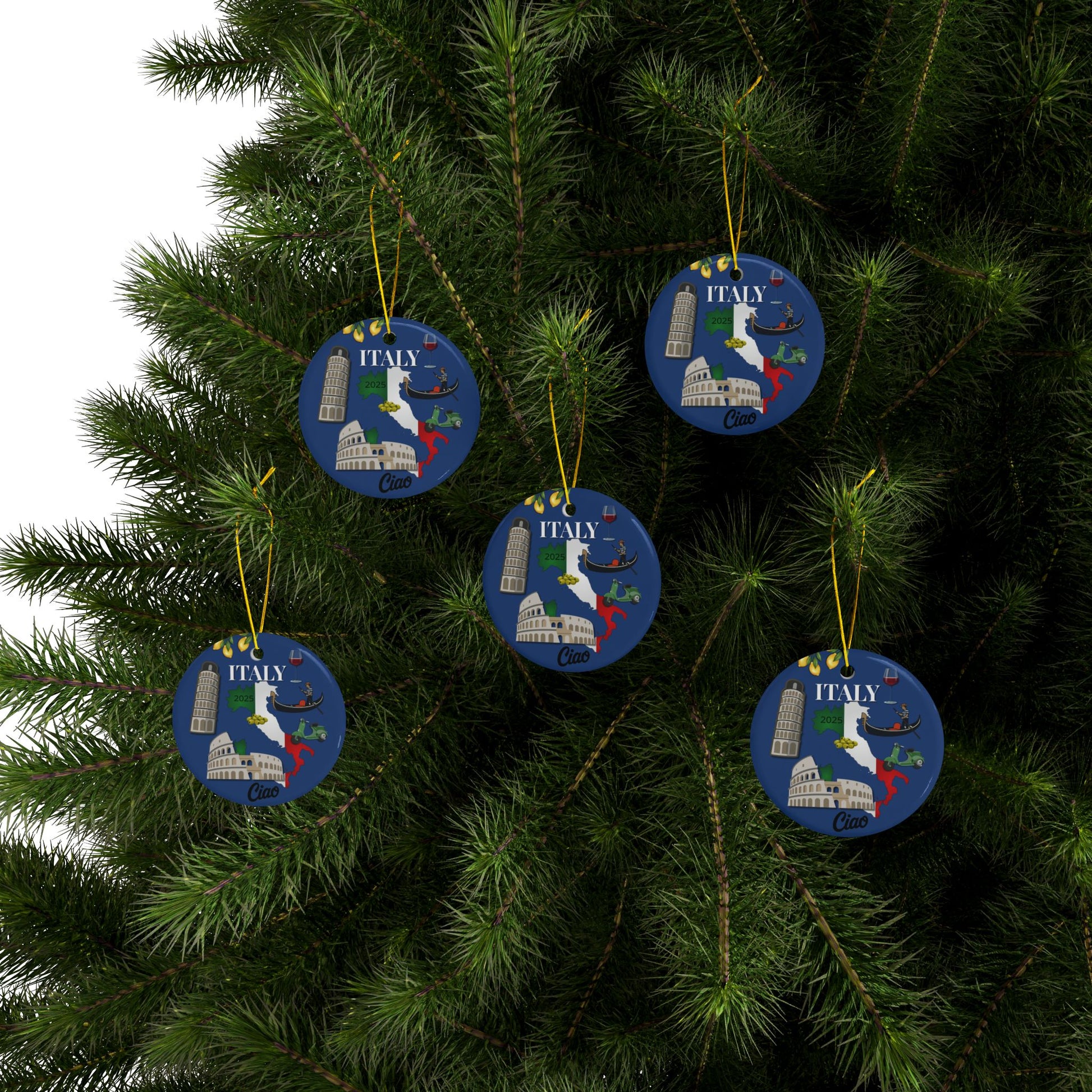 Decorative Christmas ornaments with Italian landmarks on a tree