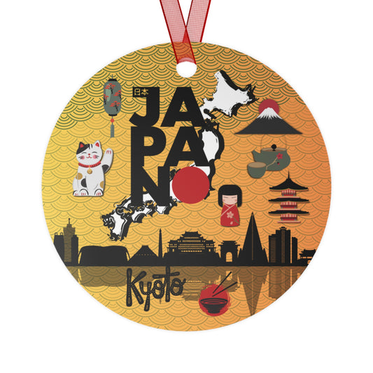 Circular ornament with Japanese-themed illustrations and 'Japan Kyoto' text on a yellow background.
