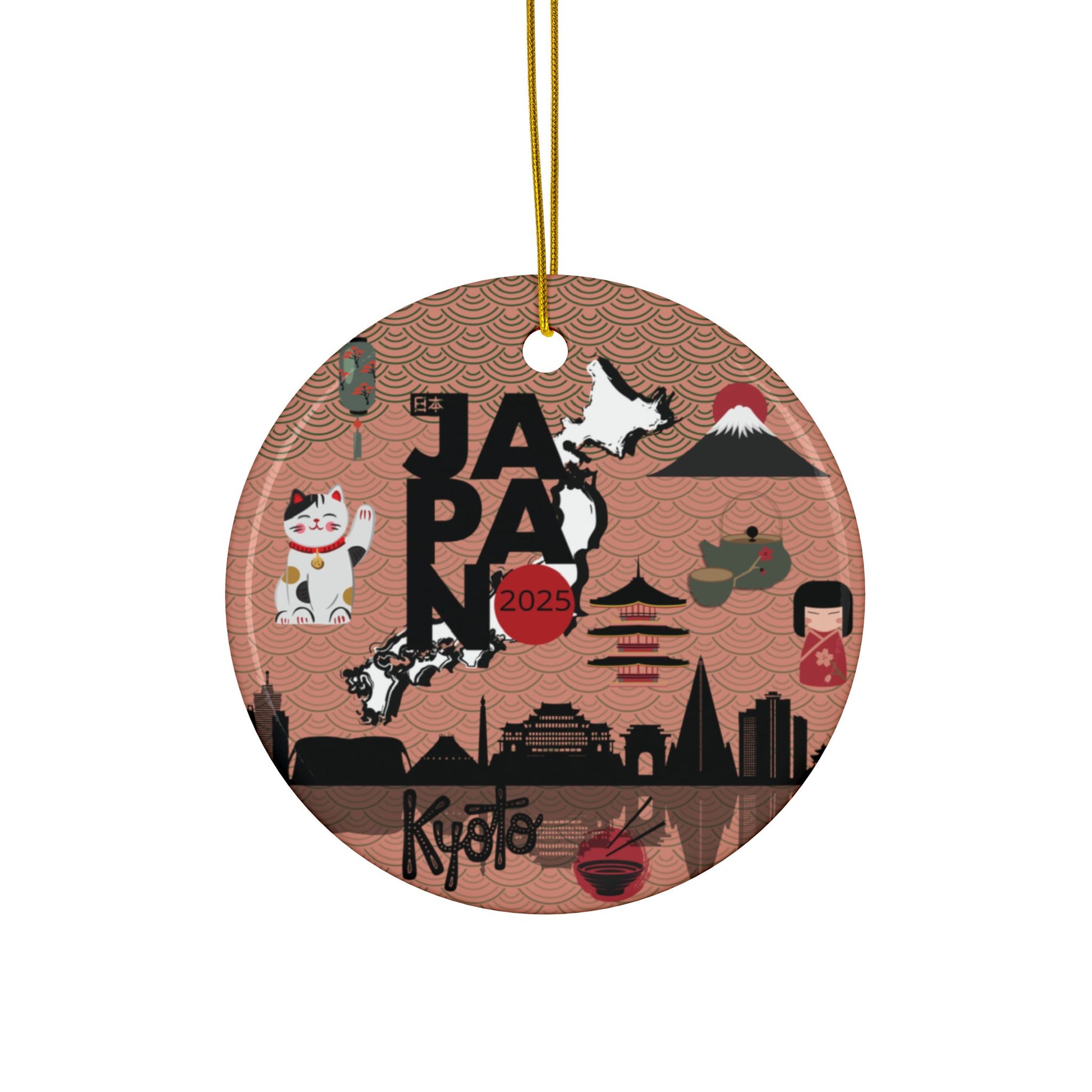 Circular ornament with Japanese-themed designs on a white background