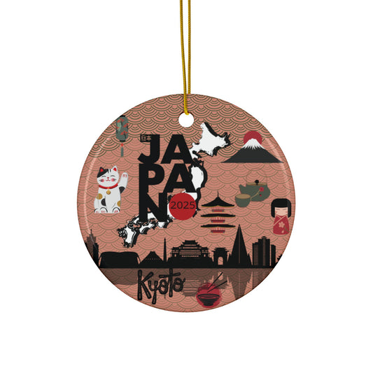 Circular ornament with Japanese-themed designs on a white background