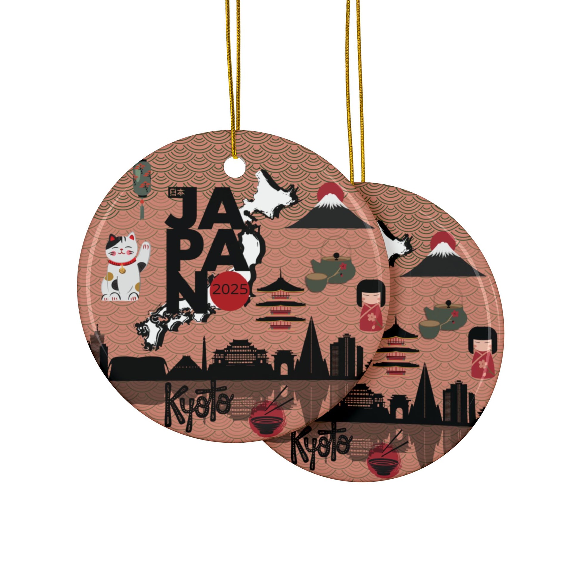 Decorative round ornaments with Japanese-themed designs on a white background