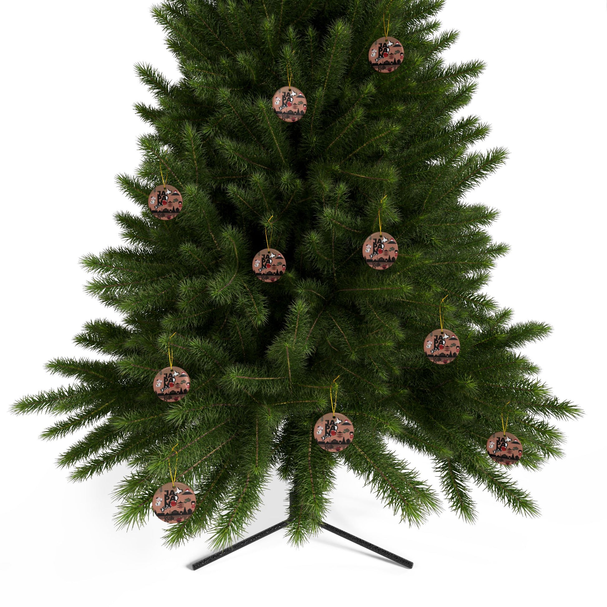Green Christmas tree with decorative ornaments on a white background