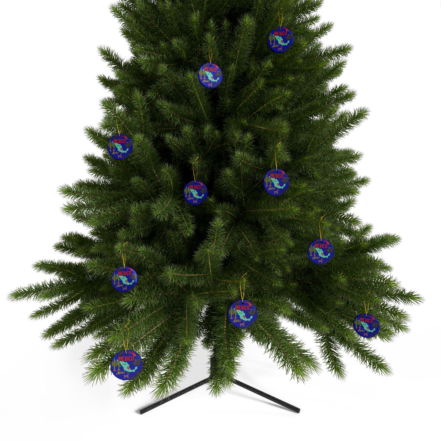 Green Christmas tree with colorful ornaments on a white background
