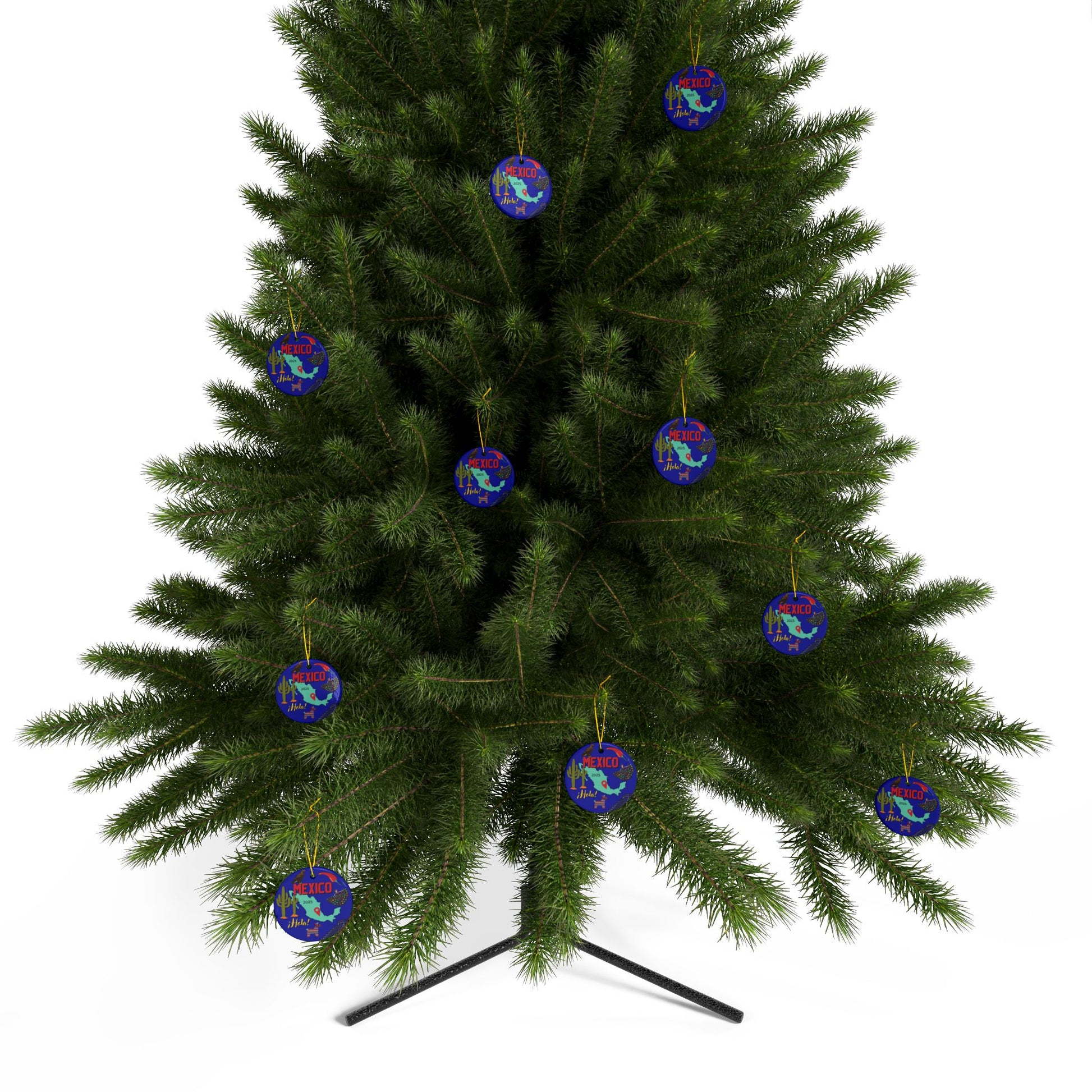 Green Christmas tree with colorful ornaments on a white background