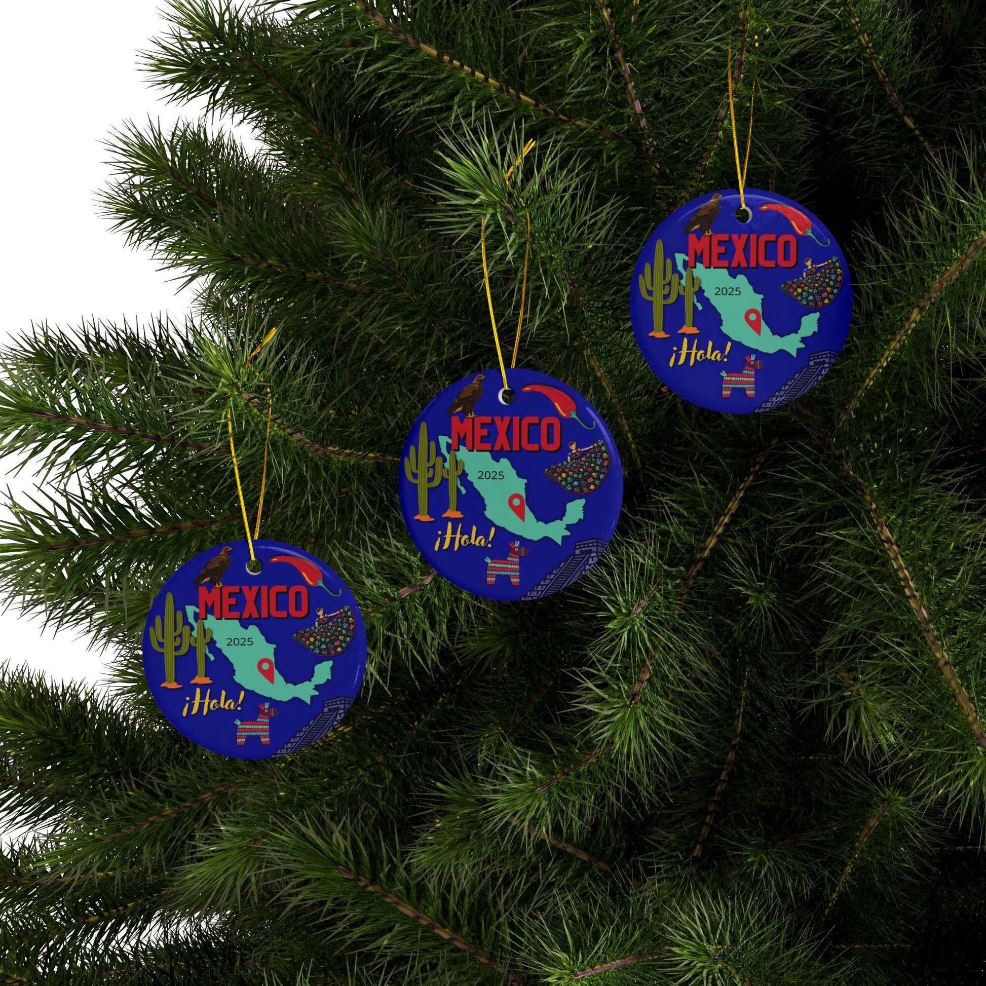 Three 'Mexico' themed Christmas ornaments hanging on a tree.