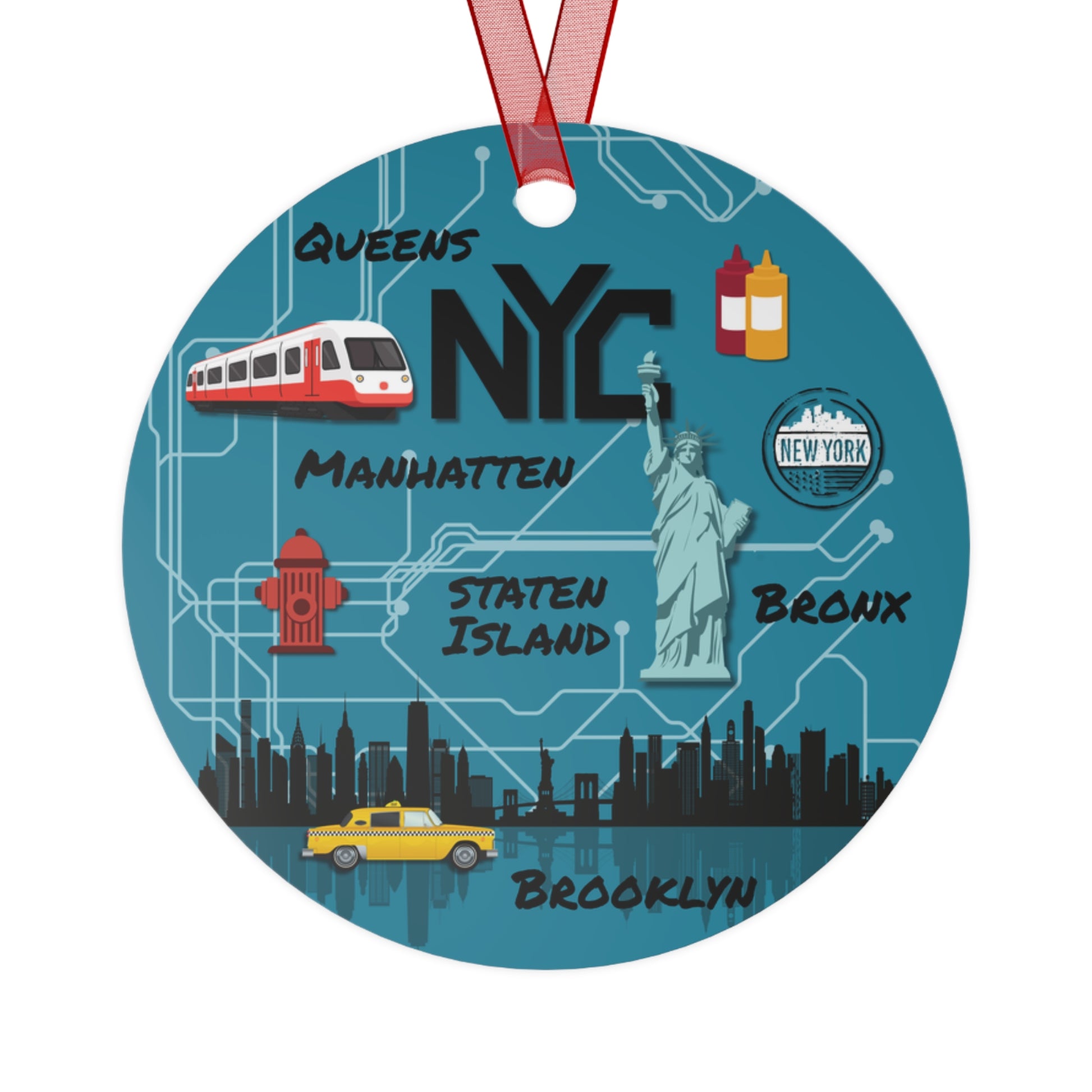 Circular design of New York City with landmarks and text on a blue background