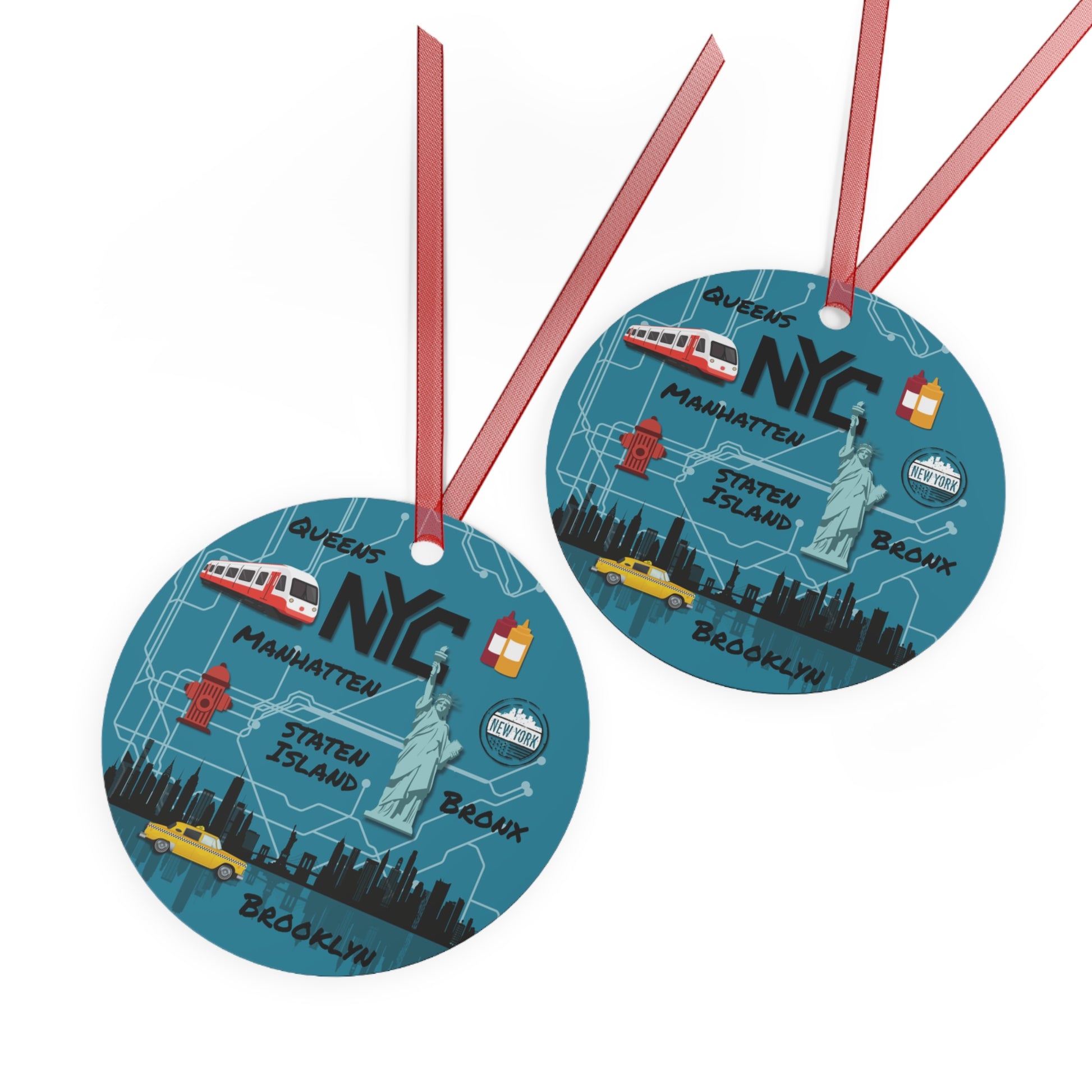 Two round blue tags with NYC illustrations and text on a white background