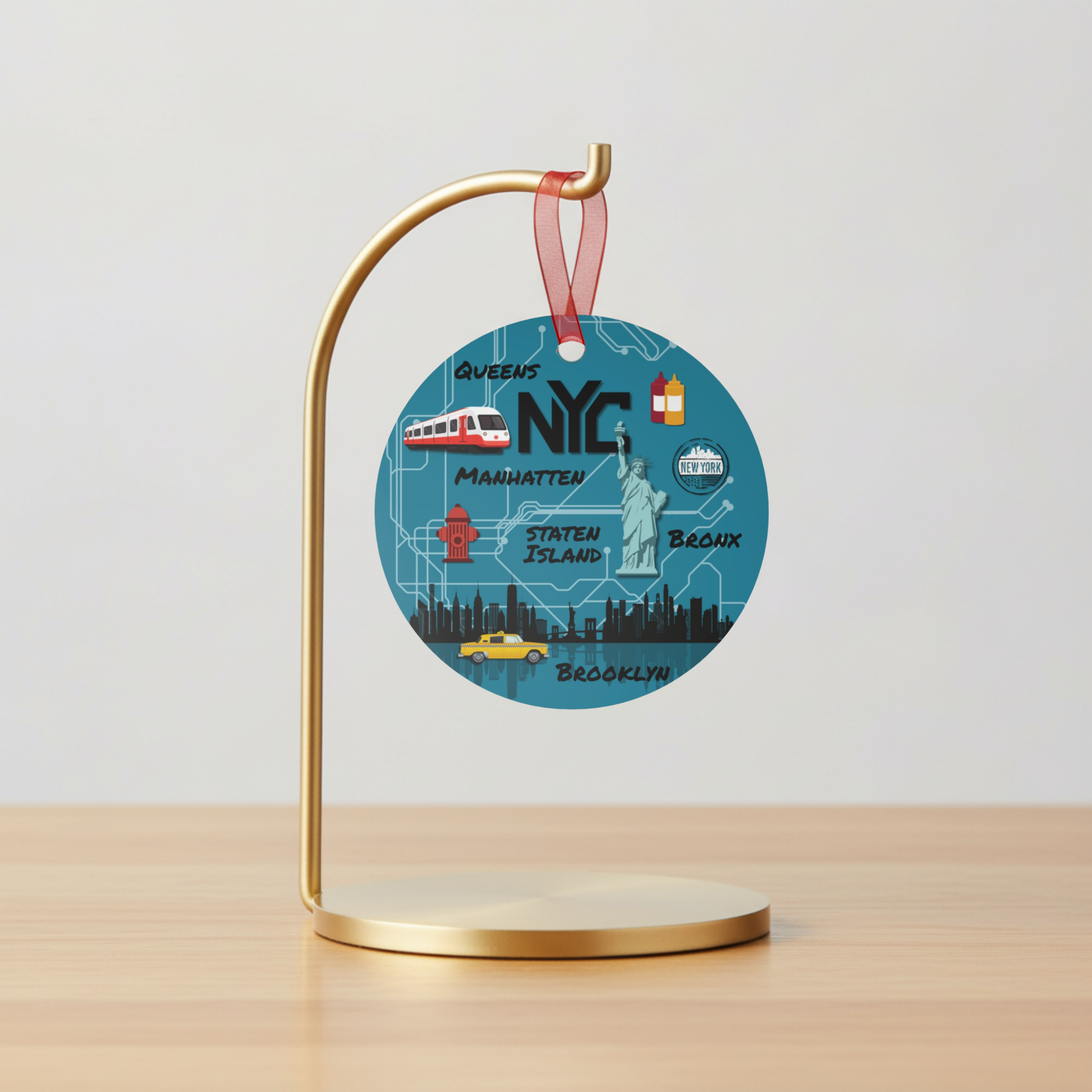 Decorative ornament with NYC design on a stand against a light gray background