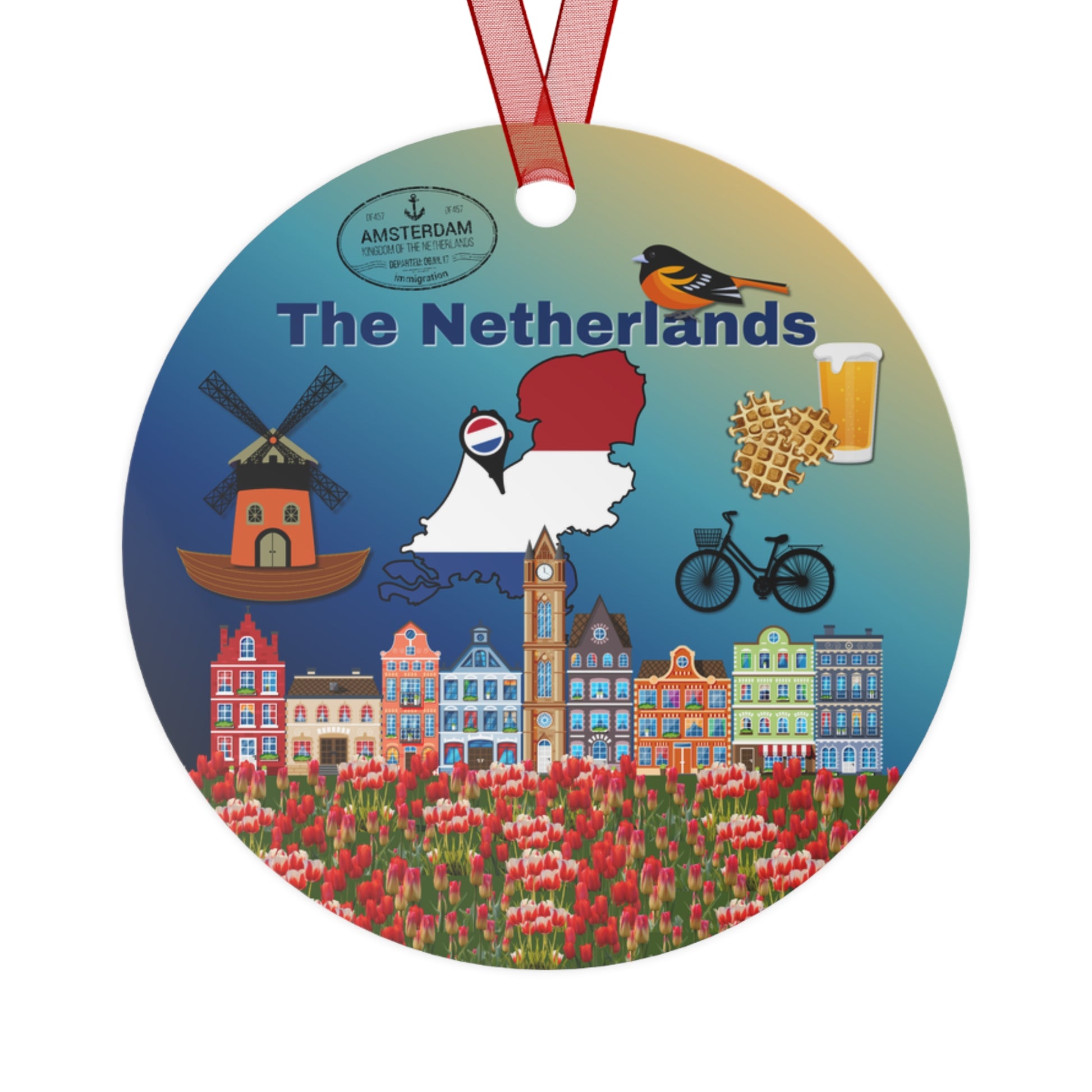 Circular ornament with Dutch-themed illustrations including a windmill, map of the Netherlands, tulips, and buildings.