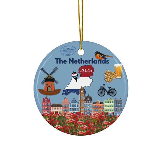 Decorative Christmas ornament featuring symbols of The Netherlands on a blue background.
