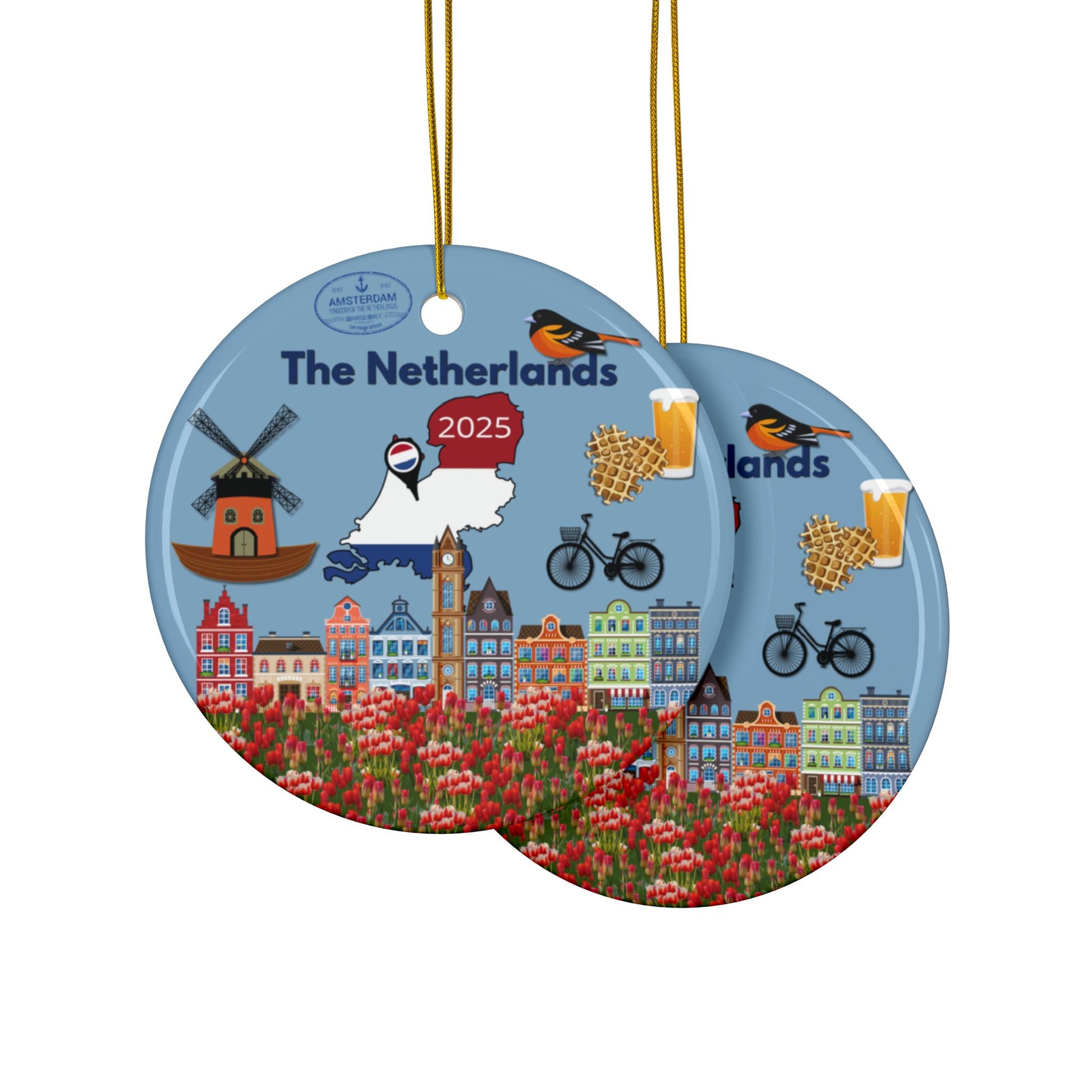 Decorative ornament with Netherlands-themed design featuring a windmill, tulips, and buildings.