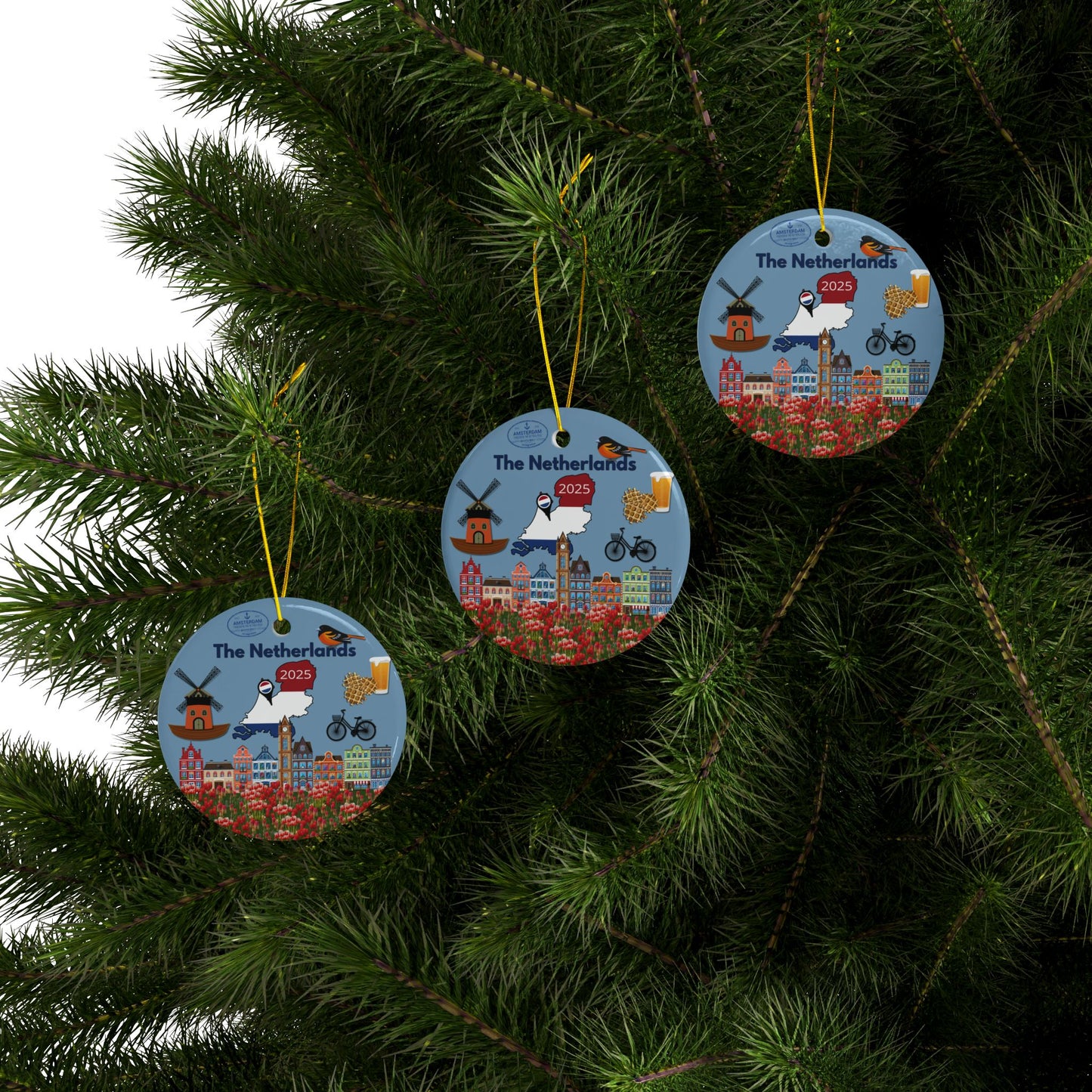 Three circular Christmas ornaments with Dutch-themed designs hanging on a tree.