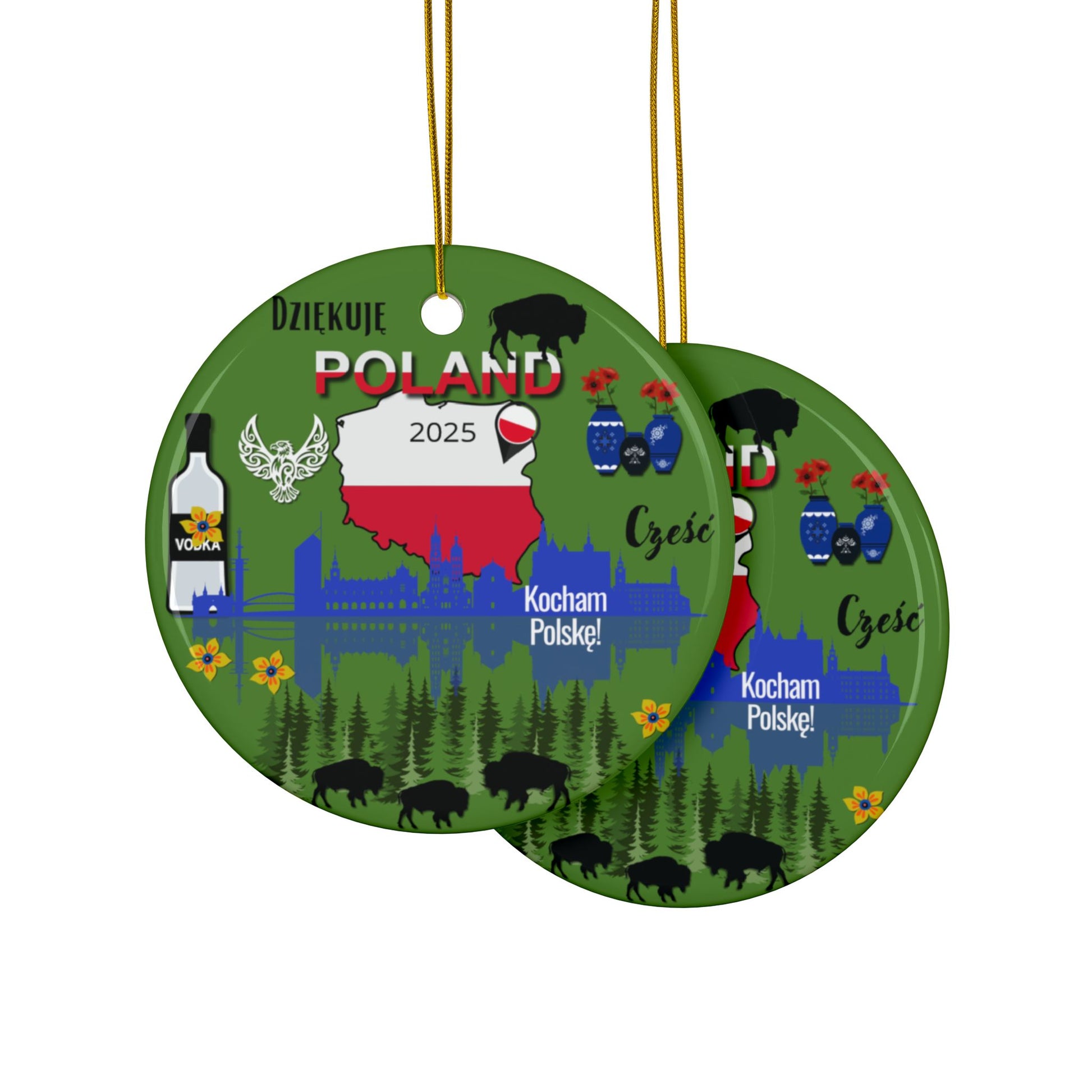 Two circular Poland-themed ornaments with various elements on a white background.