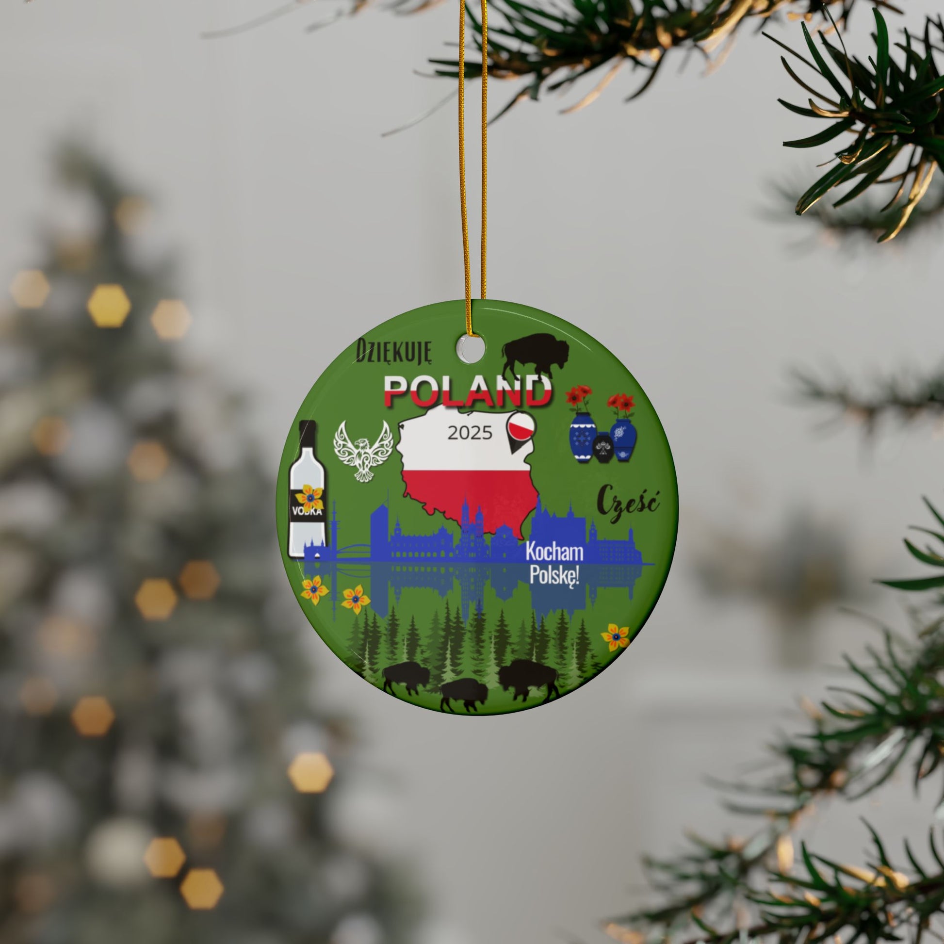 Decorative Christmas ornament with Polish design elements hanging on a tree.