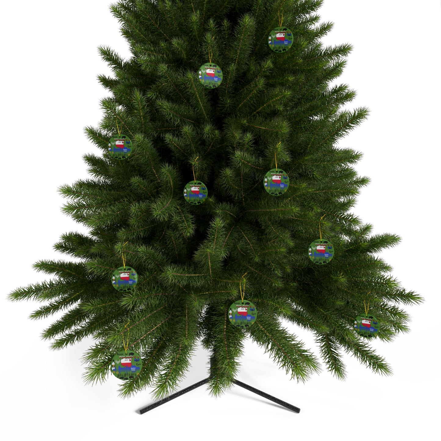 Green Christmas tree with colorful ornaments on a white background
