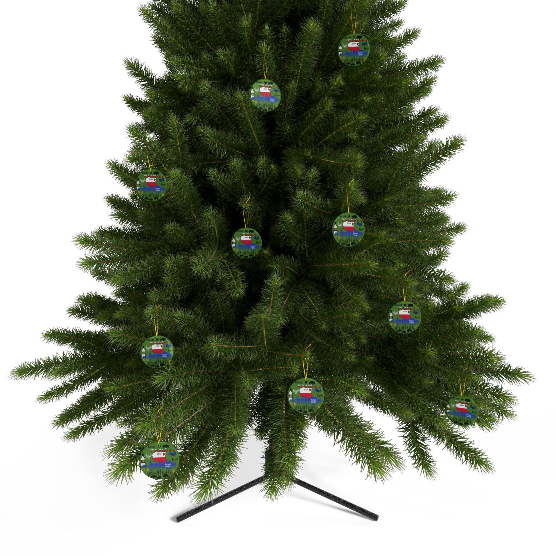 Green Christmas tree with colorful ornaments on a white background