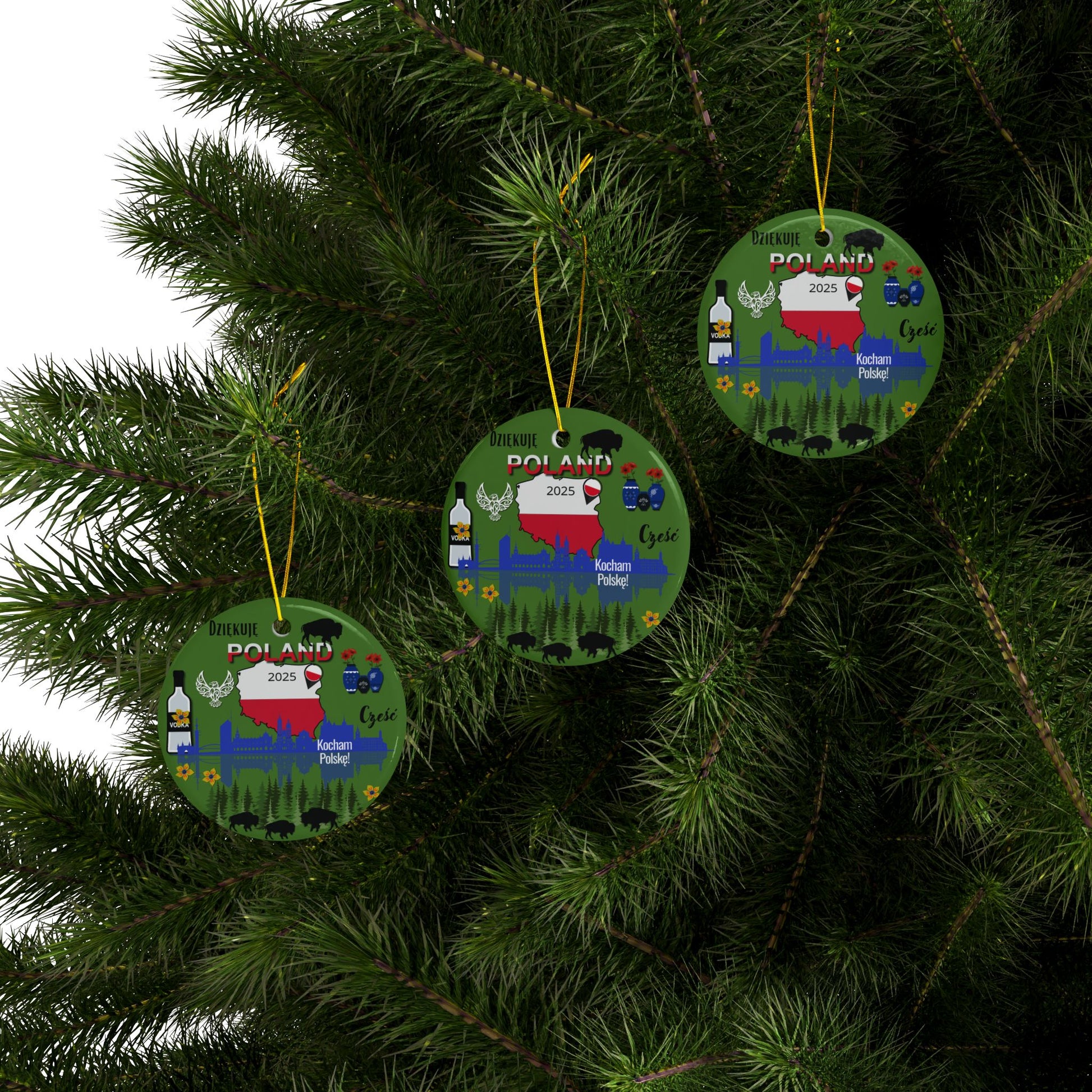 Decorative Christmas ornaments with Polish-themed designs hanging on a tree.