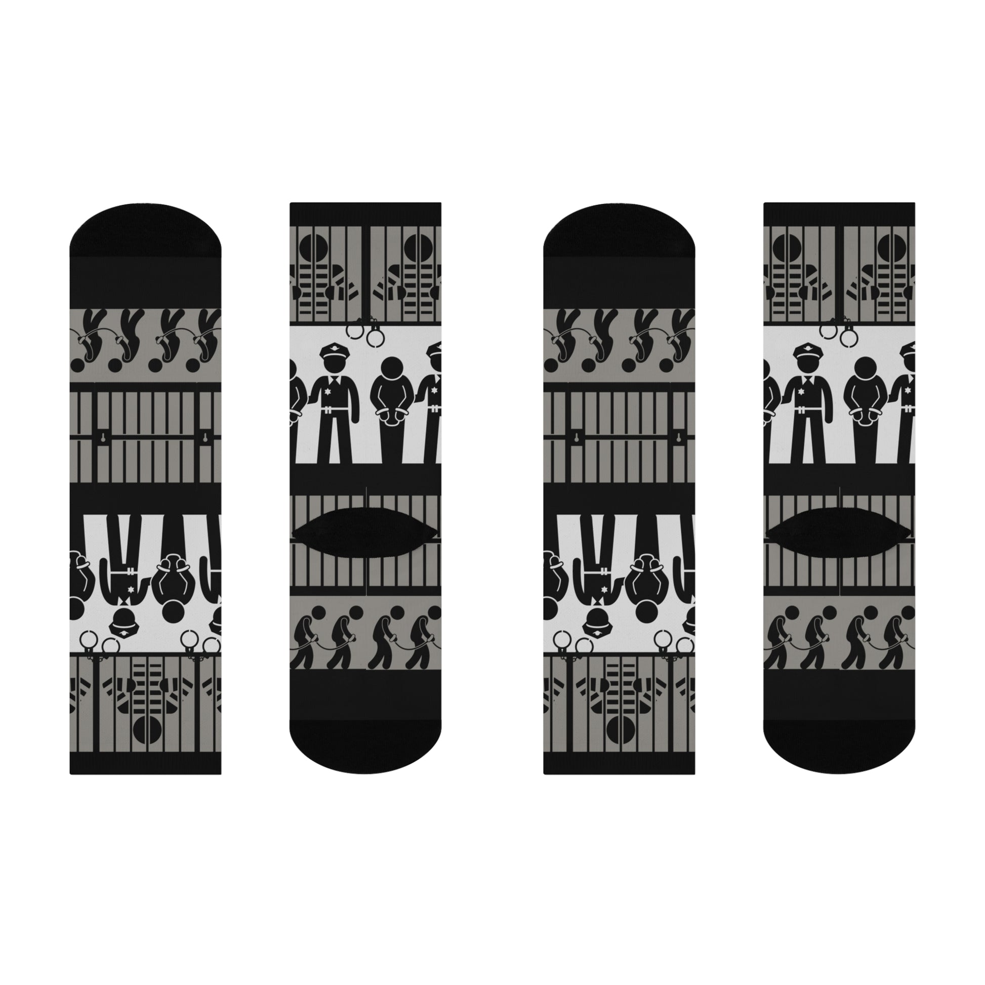A pair of crew socks with a mid-calf height featuring a black and white pattern with law enforcement and legal-themed graphics.