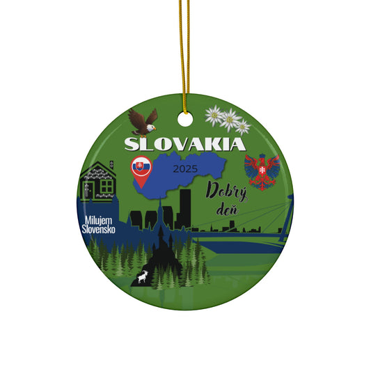 Round green ornament with Slovakia-themed design featuring an eagle, map, and buildings.