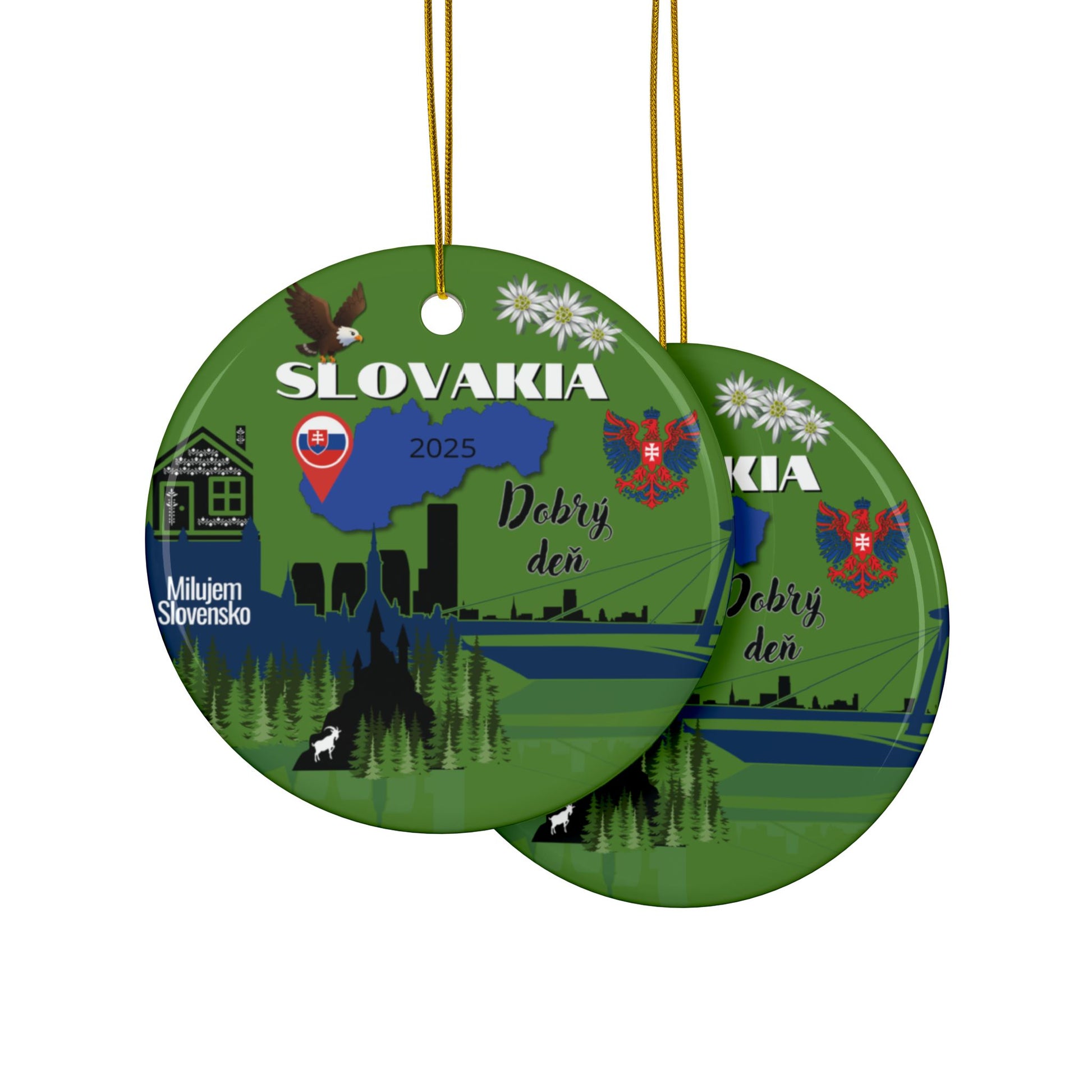 Two round green ornaments with Slovakia-themed designs on a white background