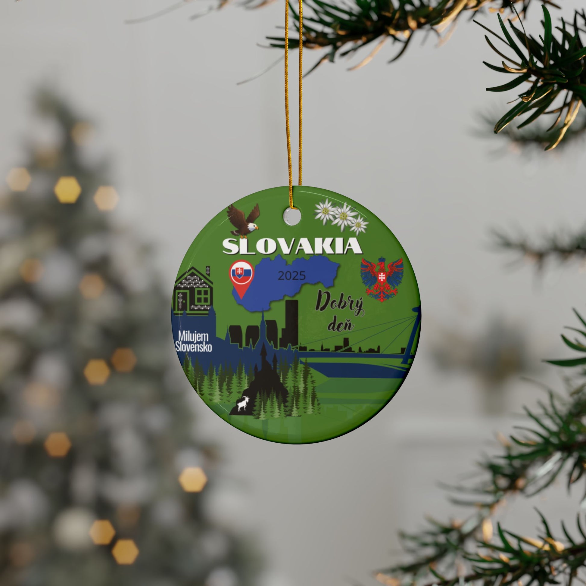 Decorative ornament with Slovakia design hanging on a tree branch.