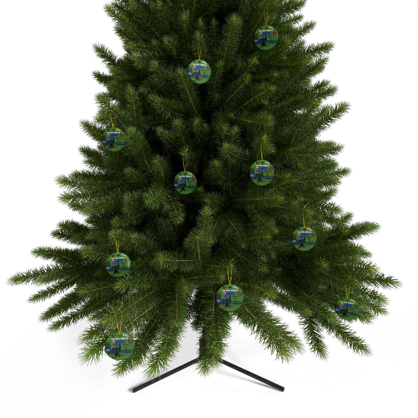 Green Christmas tree with decorative ornaments on a white background