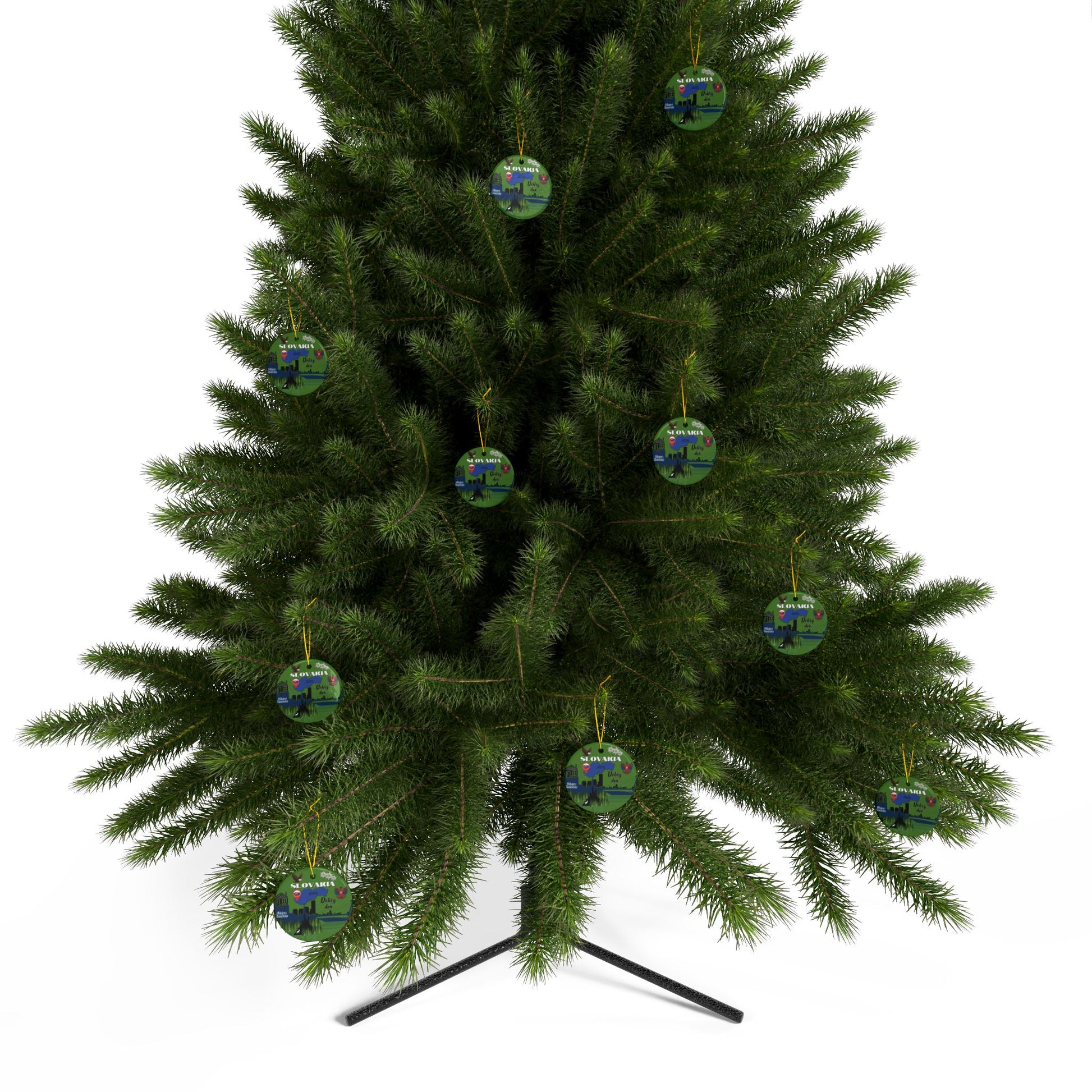 Green Christmas tree with decorative ornaments on a white background