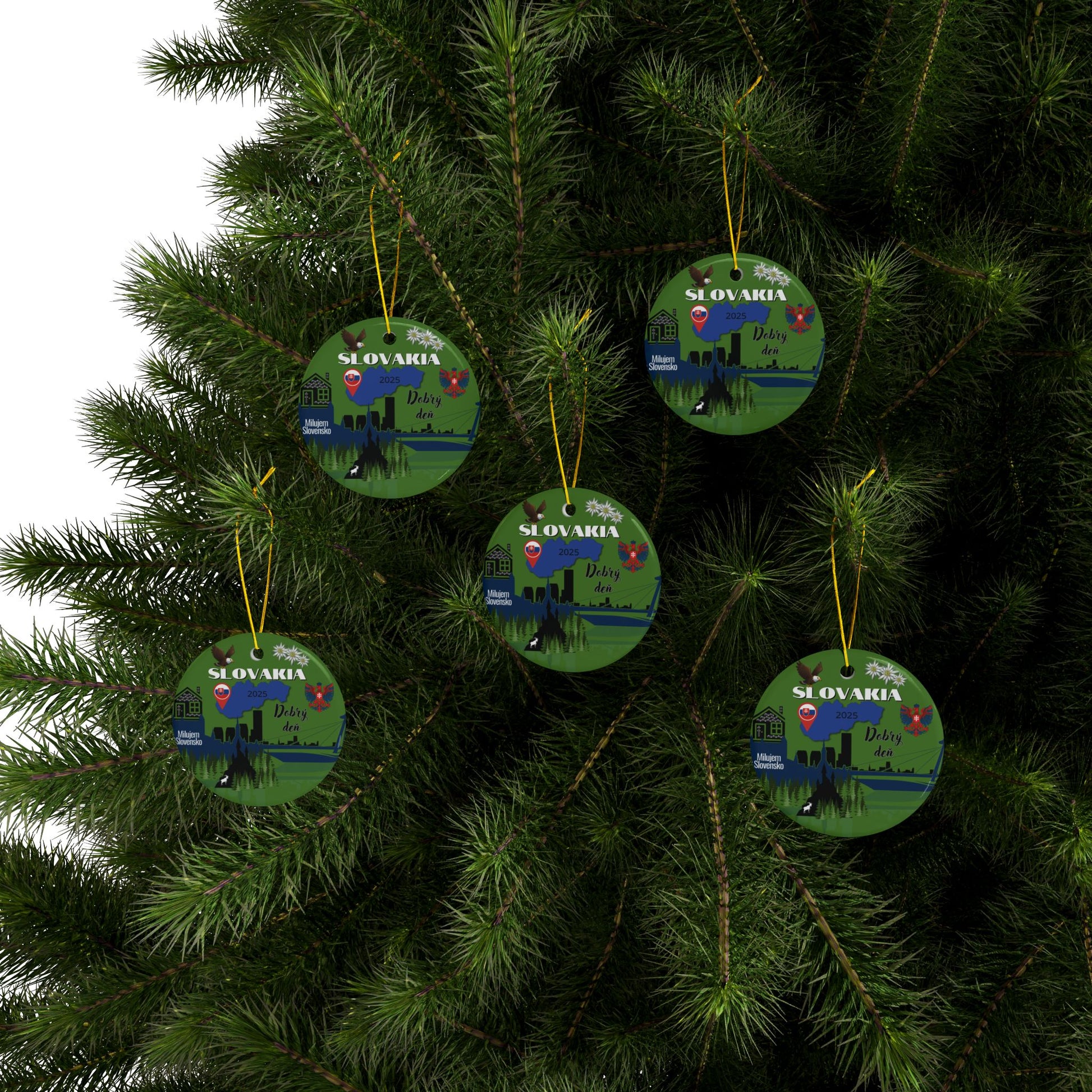 Decorative Christmas ornaments with Slovakian designs on a tree